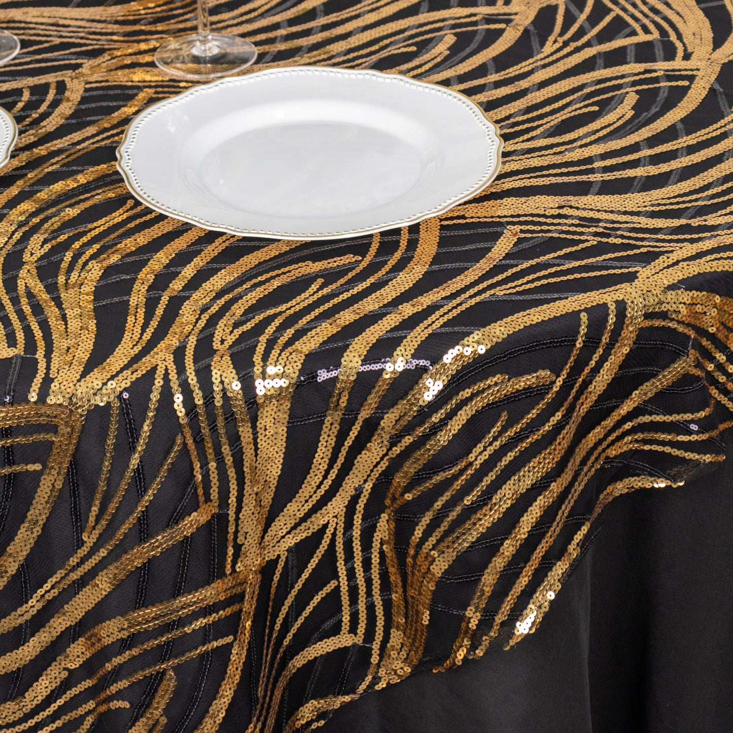 72"x72" Black Gold Wave Mesh Square Table Overlay With Embroidered Sequins