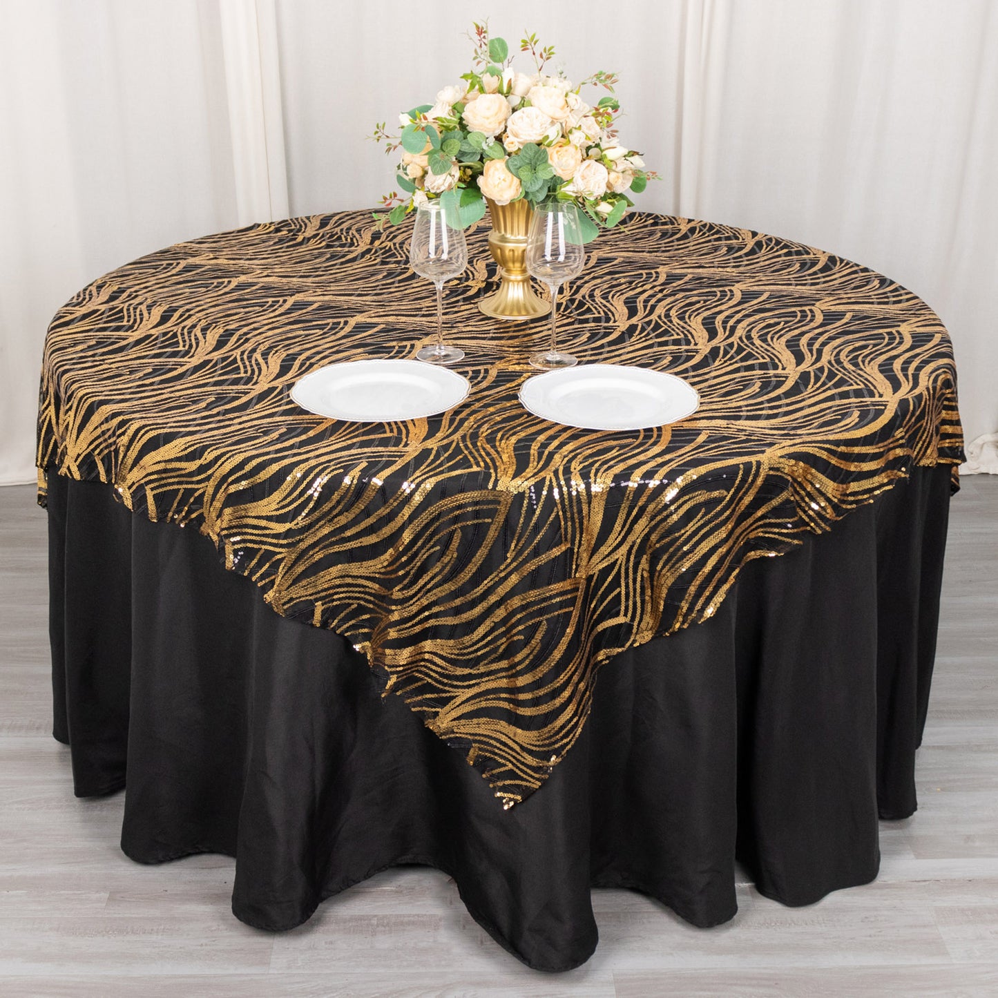 72"x72" Black Gold Wave Mesh Square Table Overlay With Embroidered Sequins