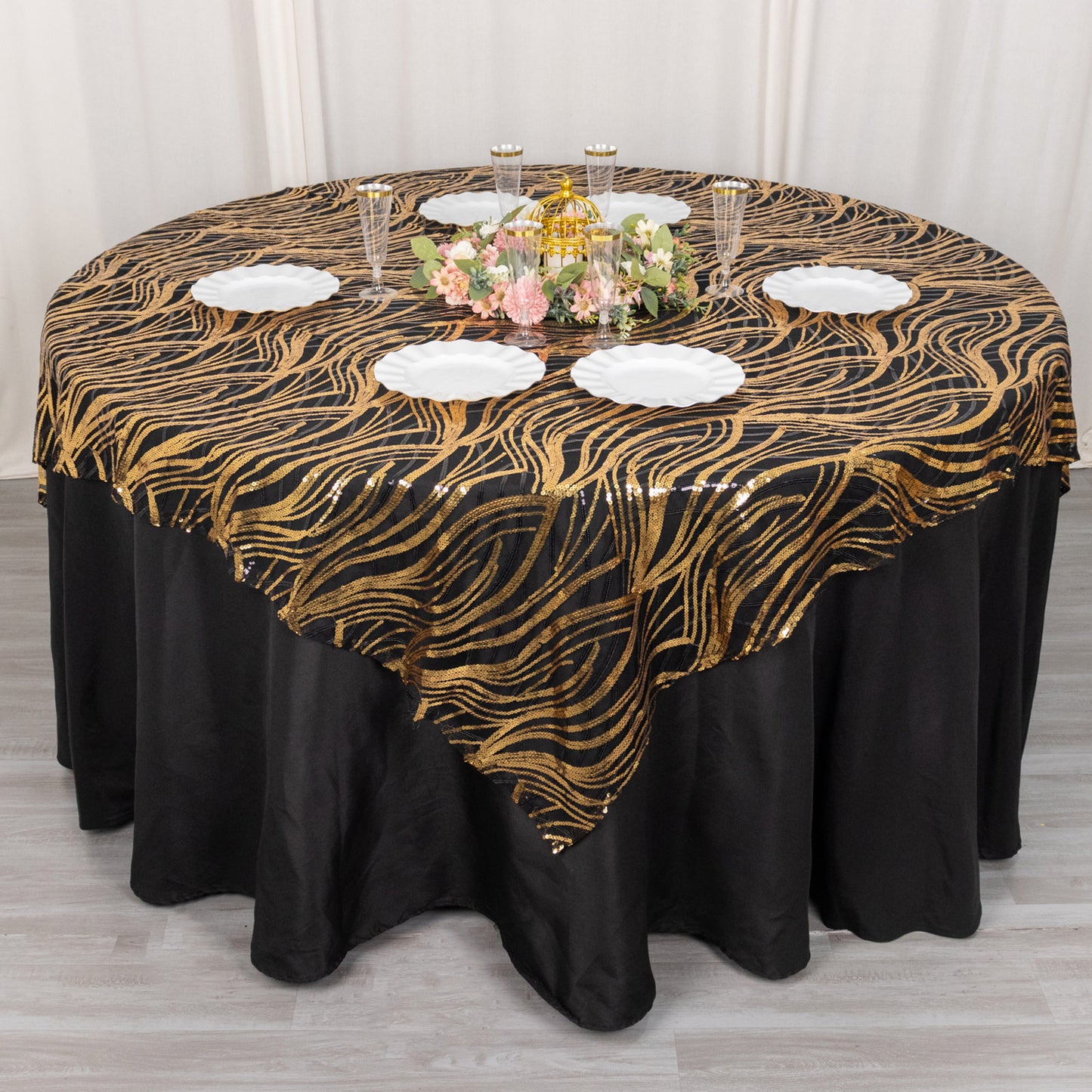 72"x72" Black Gold Wave Mesh Square Table Overlay With Embroidered Sequins