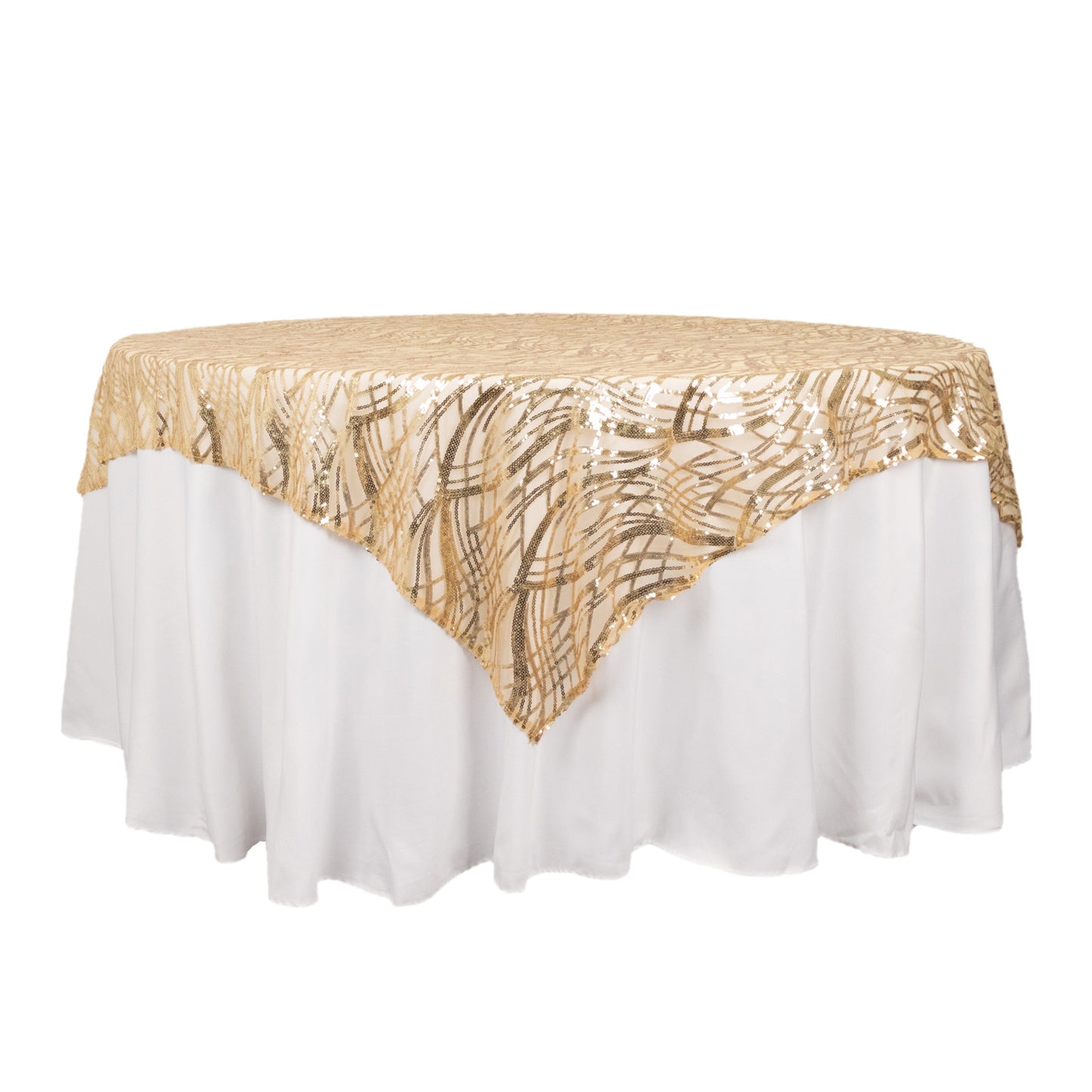 72"x72" Champagne Wave Mesh Square Table Overlay With Embroidered Sequins