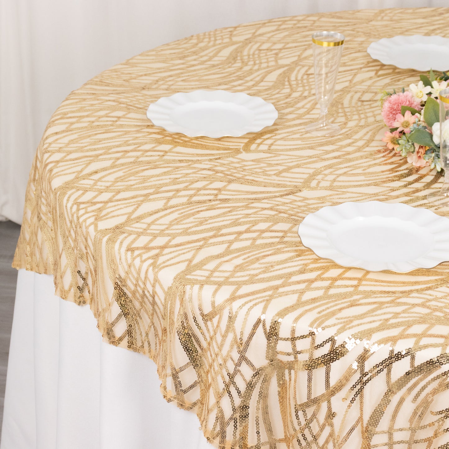 72"x72" Champagne Wave Mesh Square Table Overlay With Embroidered Sequins