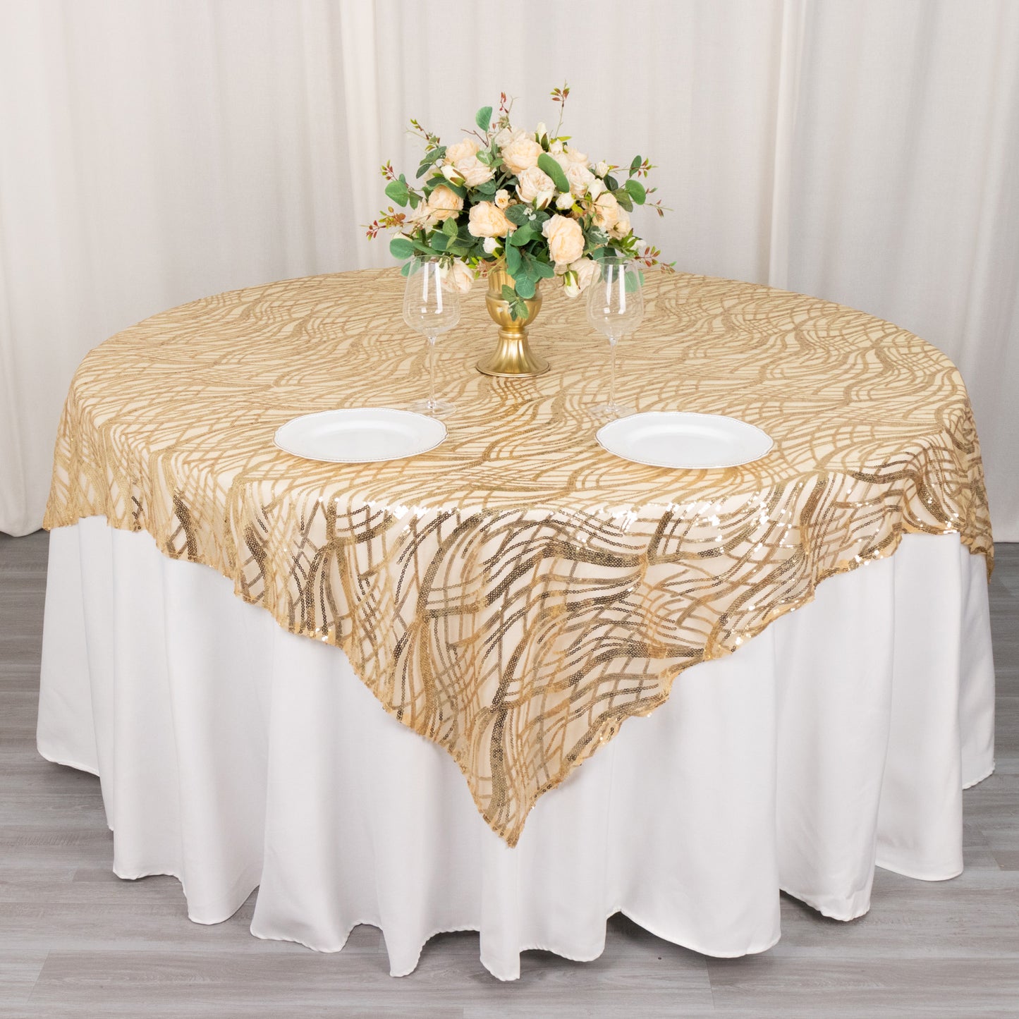 72"x72" Champagne Wave Mesh Square Table Overlay With Embroidered Sequins