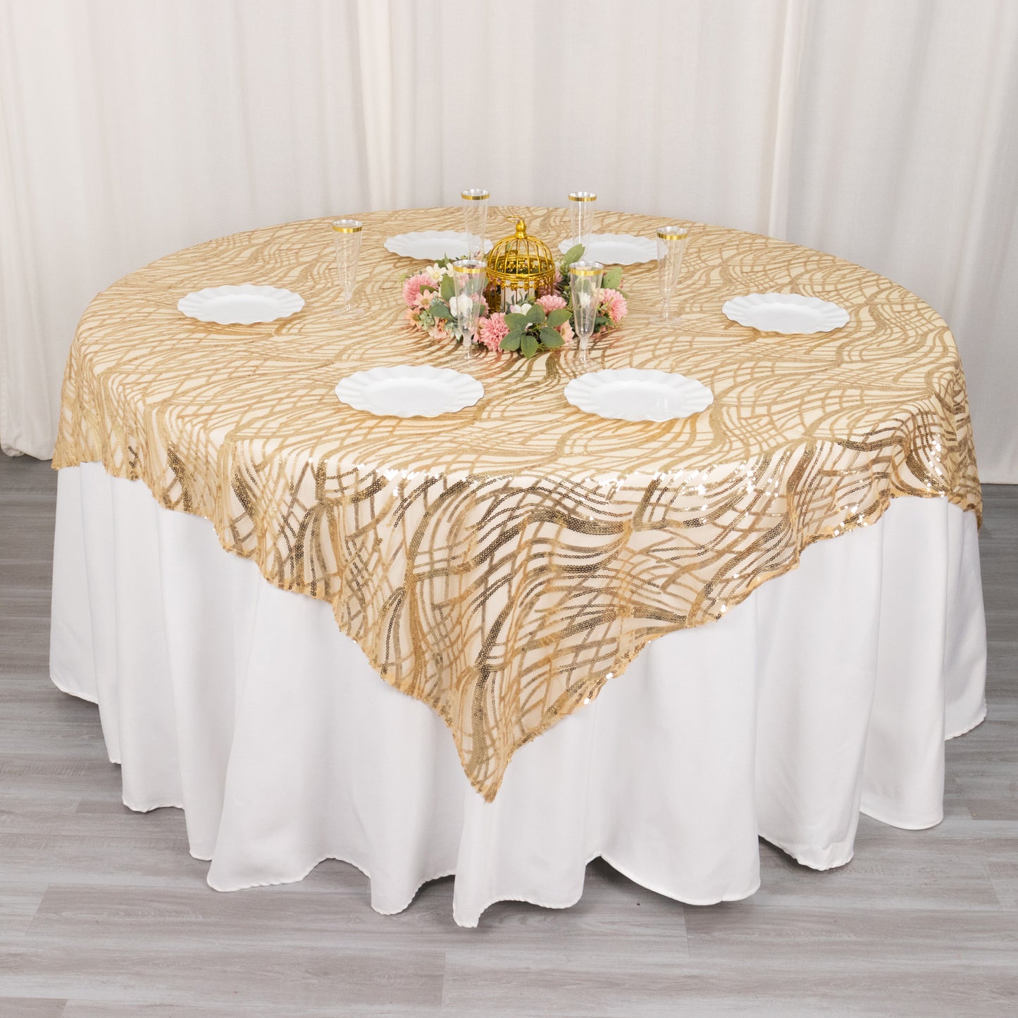72"x72" Champagne Wave Mesh Square Table Overlay With Embroidered Sequins