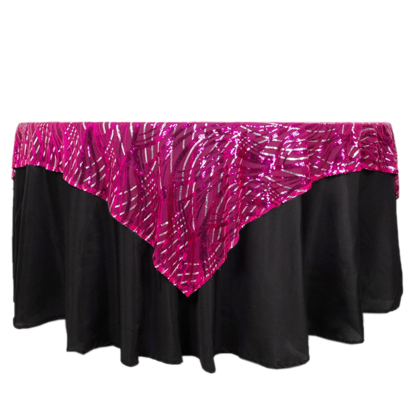 72"x72" Fuchsia Silver Wave Mesh Square Table Overlay With Embroidered Sequins