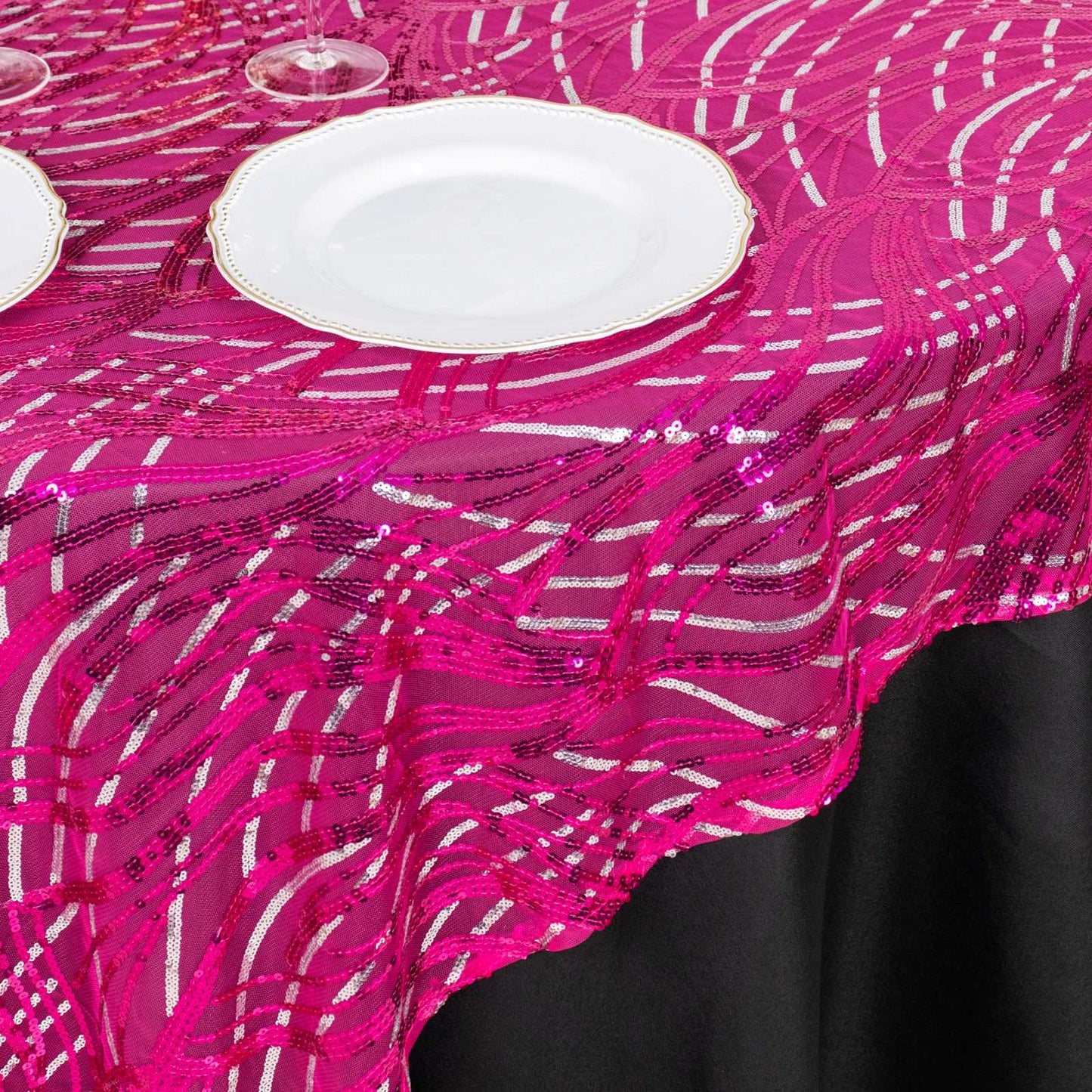 72"x72" Fuchsia Silver Wave Mesh Square Table Overlay With Embroidered Sequins