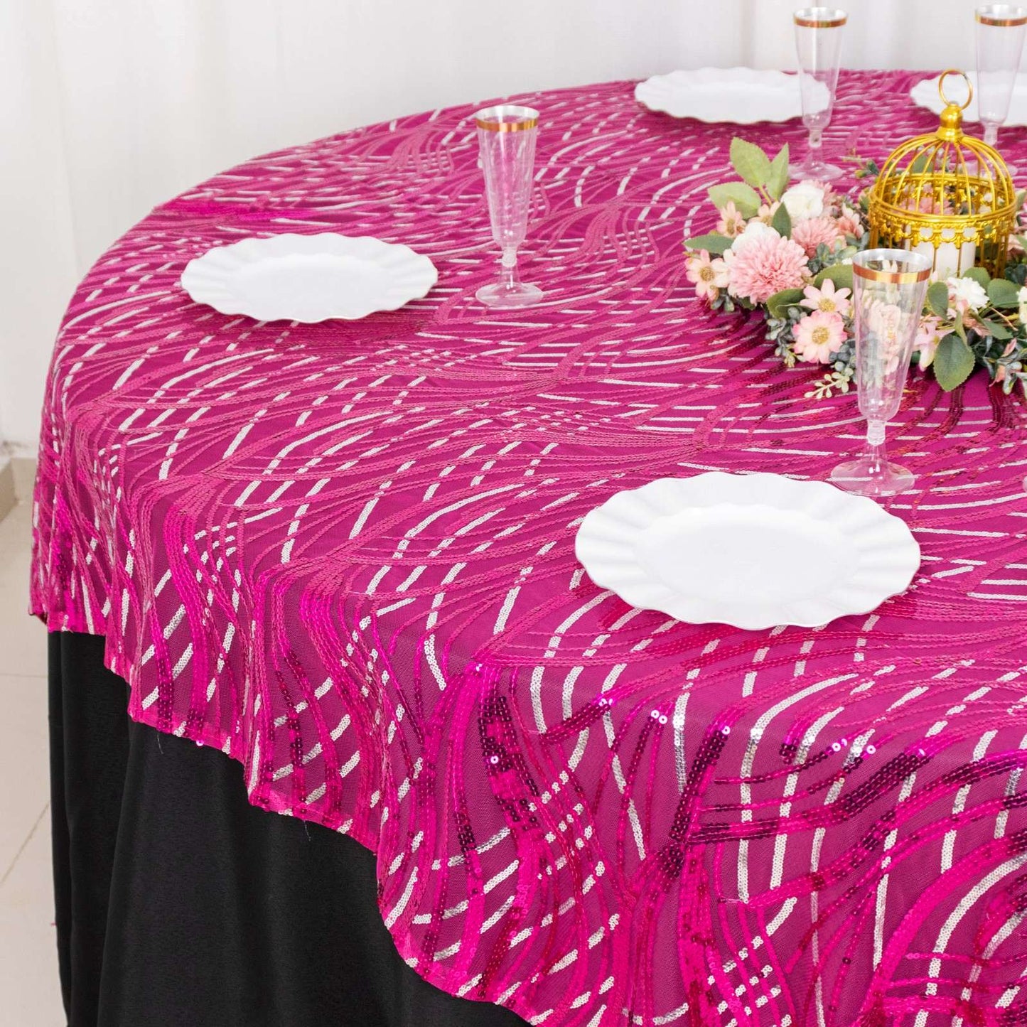 72"x72" Fuchsia Silver Wave Mesh Square Table Overlay With Embroidered Sequins
