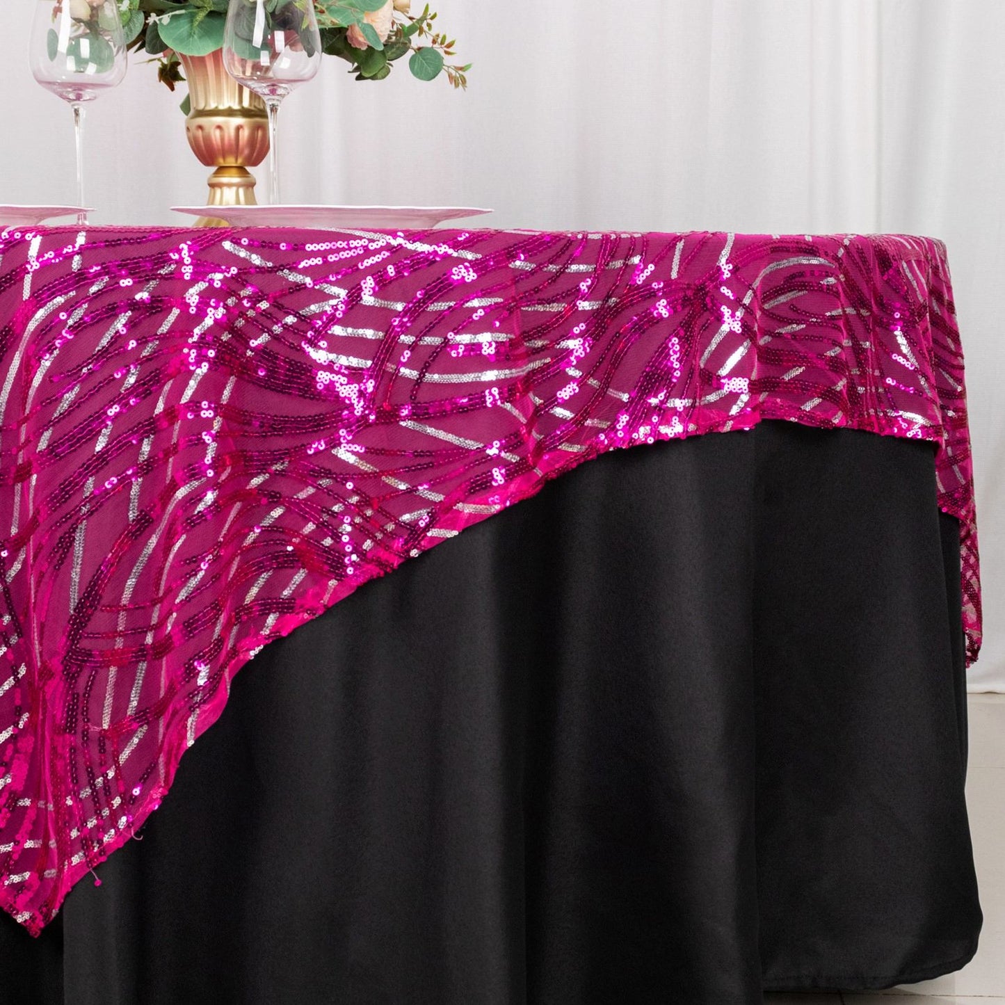 72"x72" Fuchsia Silver Wave Mesh Square Table Overlay With Embroidered Sequins