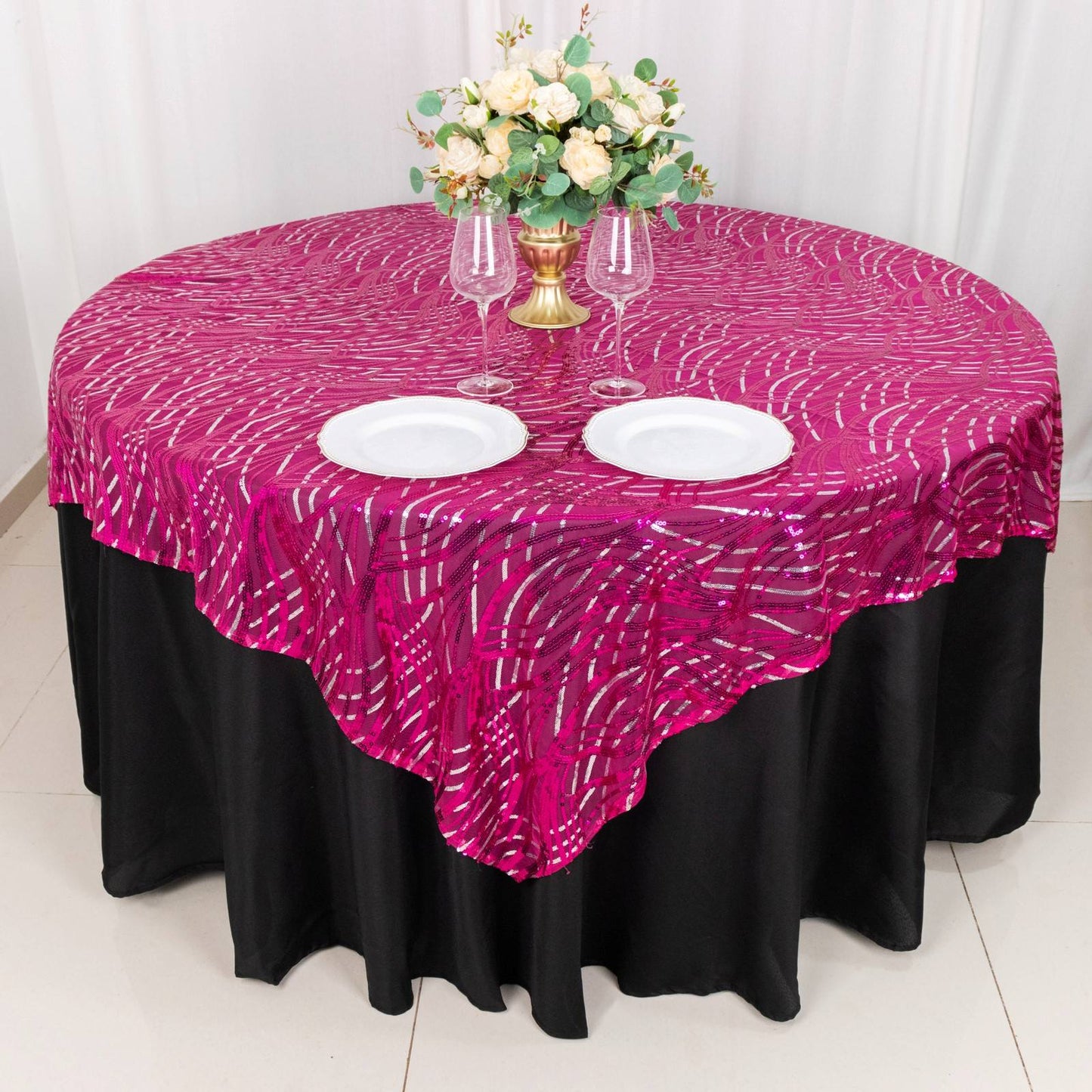 72"x72" Fuchsia Silver Wave Mesh Square Table Overlay With Embroidered Sequins