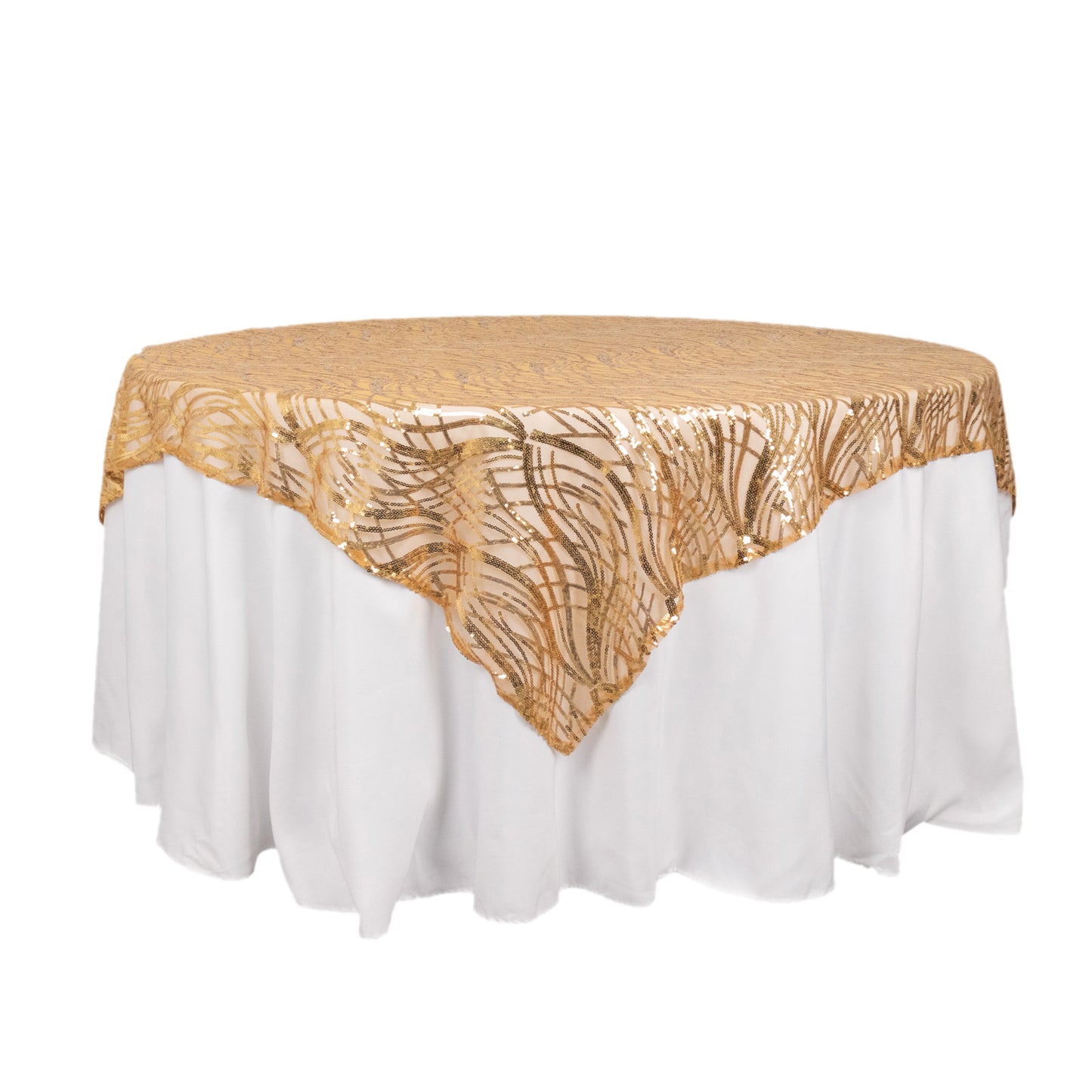 72"x72" Gold Wave Mesh Square Table Overlay With Embroidered Sequins