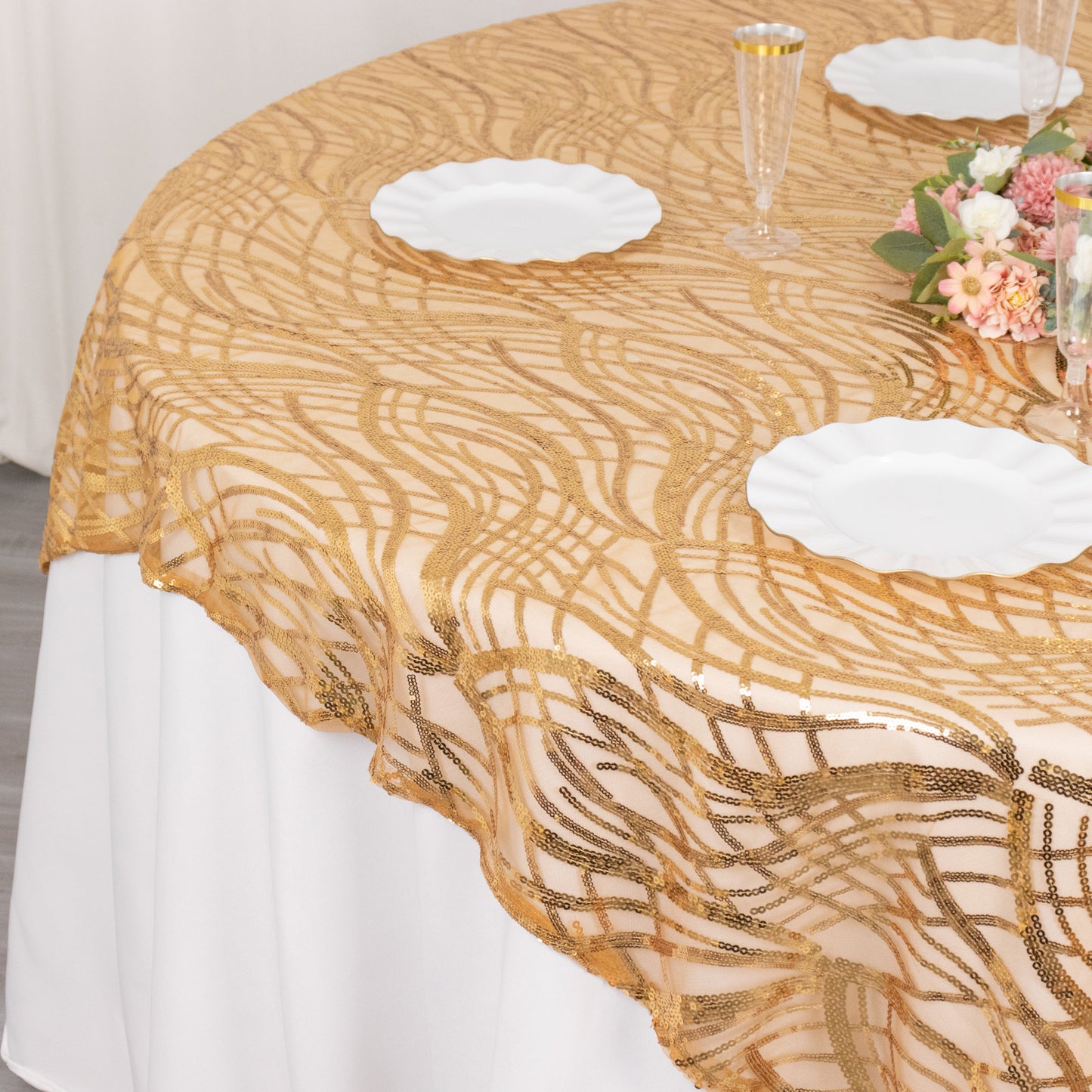 72"x72" Gold Wave Mesh Square Table Overlay With Embroidered Sequins