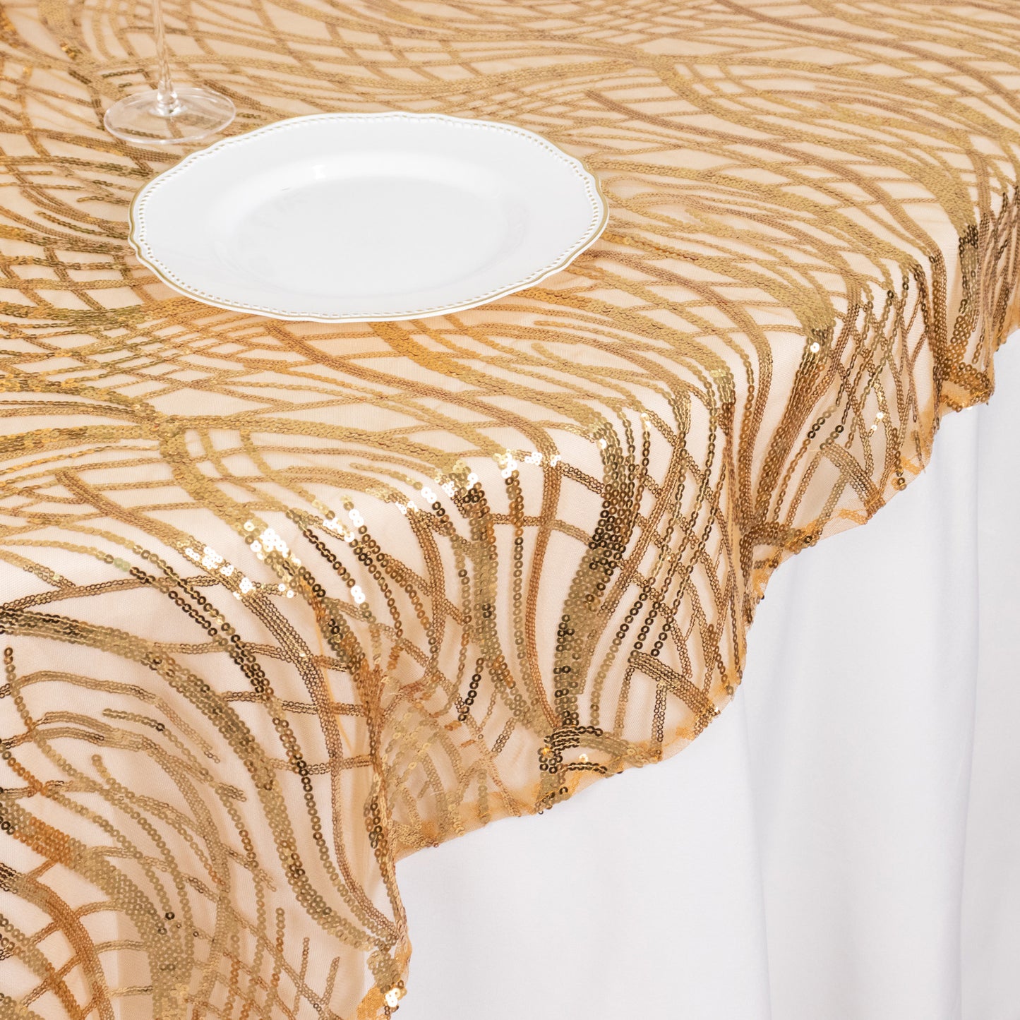 72"x72" Gold Wave Mesh Square Table Overlay With Embroidered Sequins