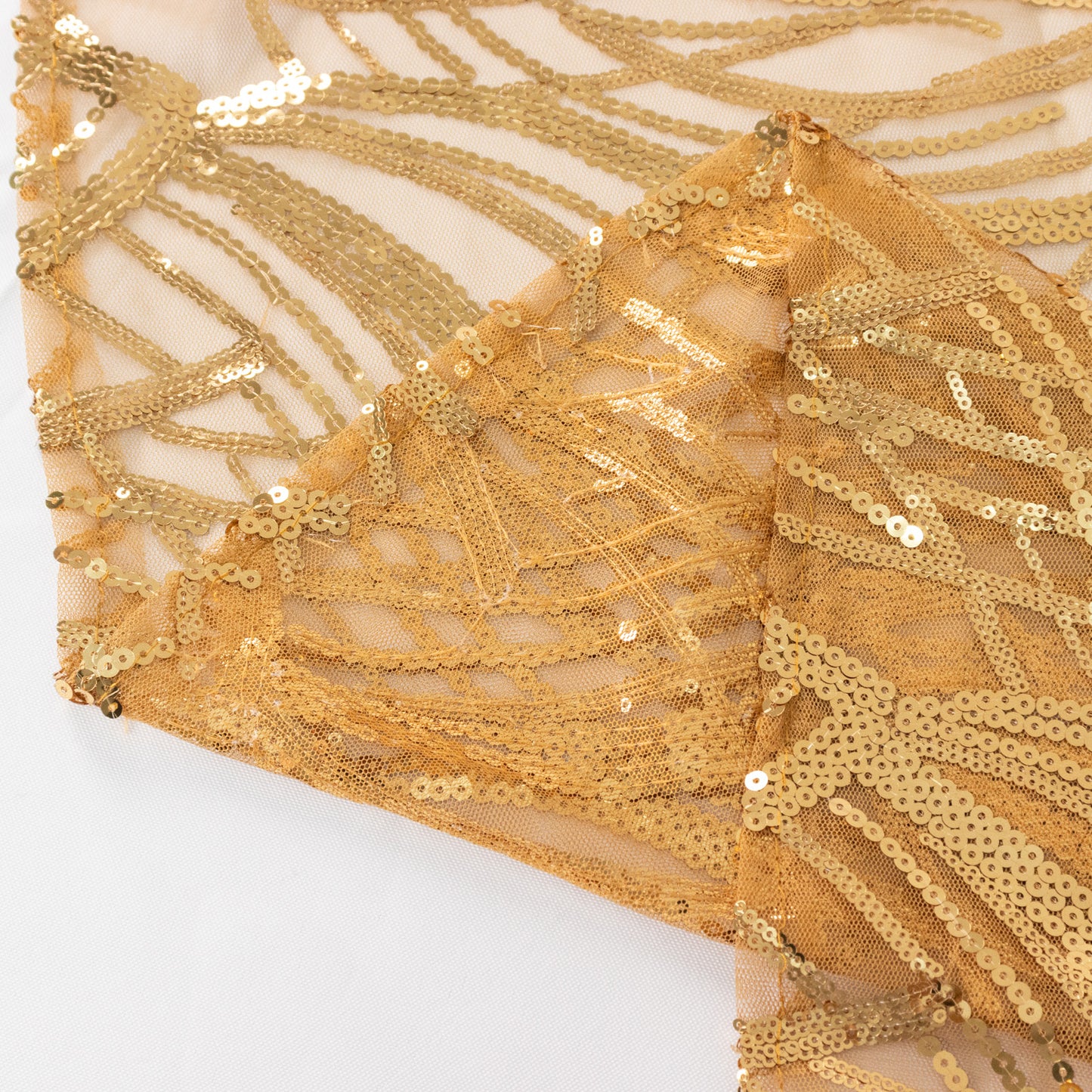 72"x72" Gold Wave Mesh Square Table Overlay With Embroidered Sequins