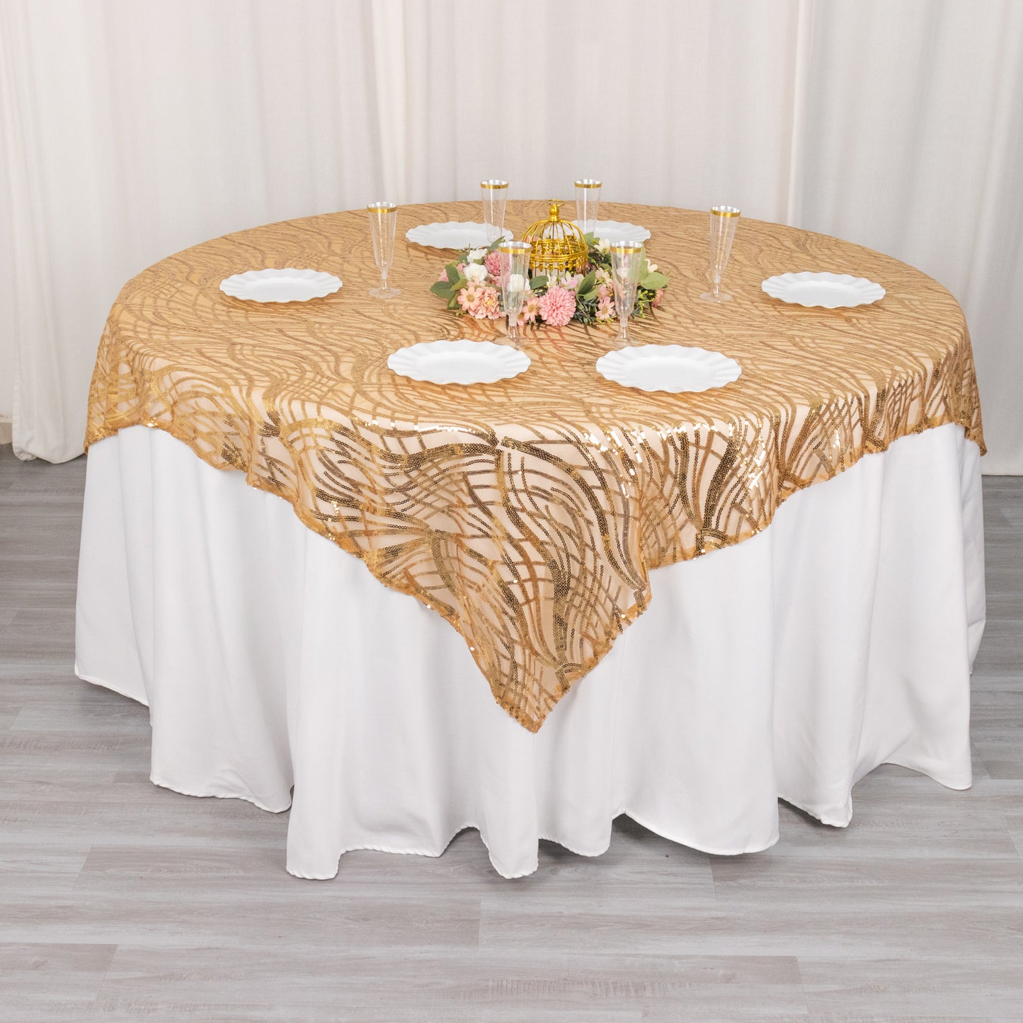 72"x72" Gold Wave Mesh Square Table Overlay With Embroidered Sequins