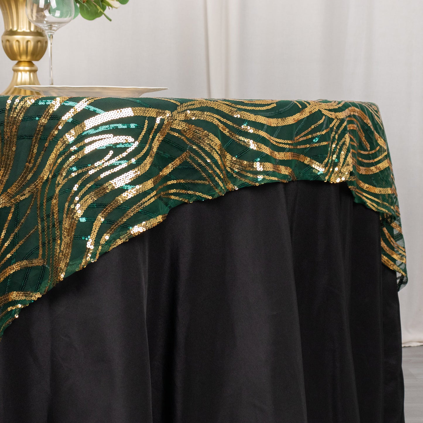 72"x72" Hunter Emerald Green Gold Wave Mesh Square Table Overlay With Embroidered Sequins