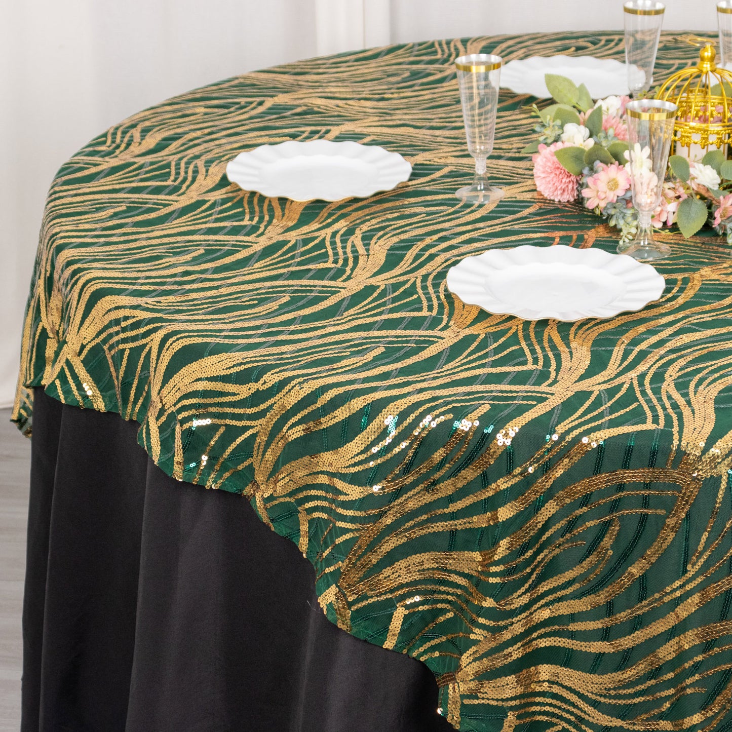 72"x72" Hunter Emerald Green Gold Wave Mesh Square Table Overlay With Embroidered Sequins