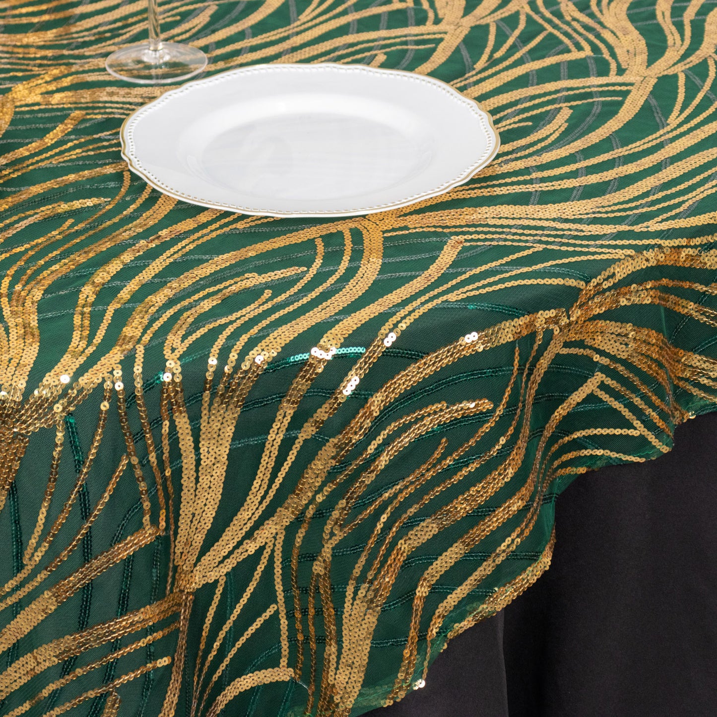 72"x72" Hunter Emerald Green Gold Wave Mesh Square Table Overlay With Embroidered Sequins