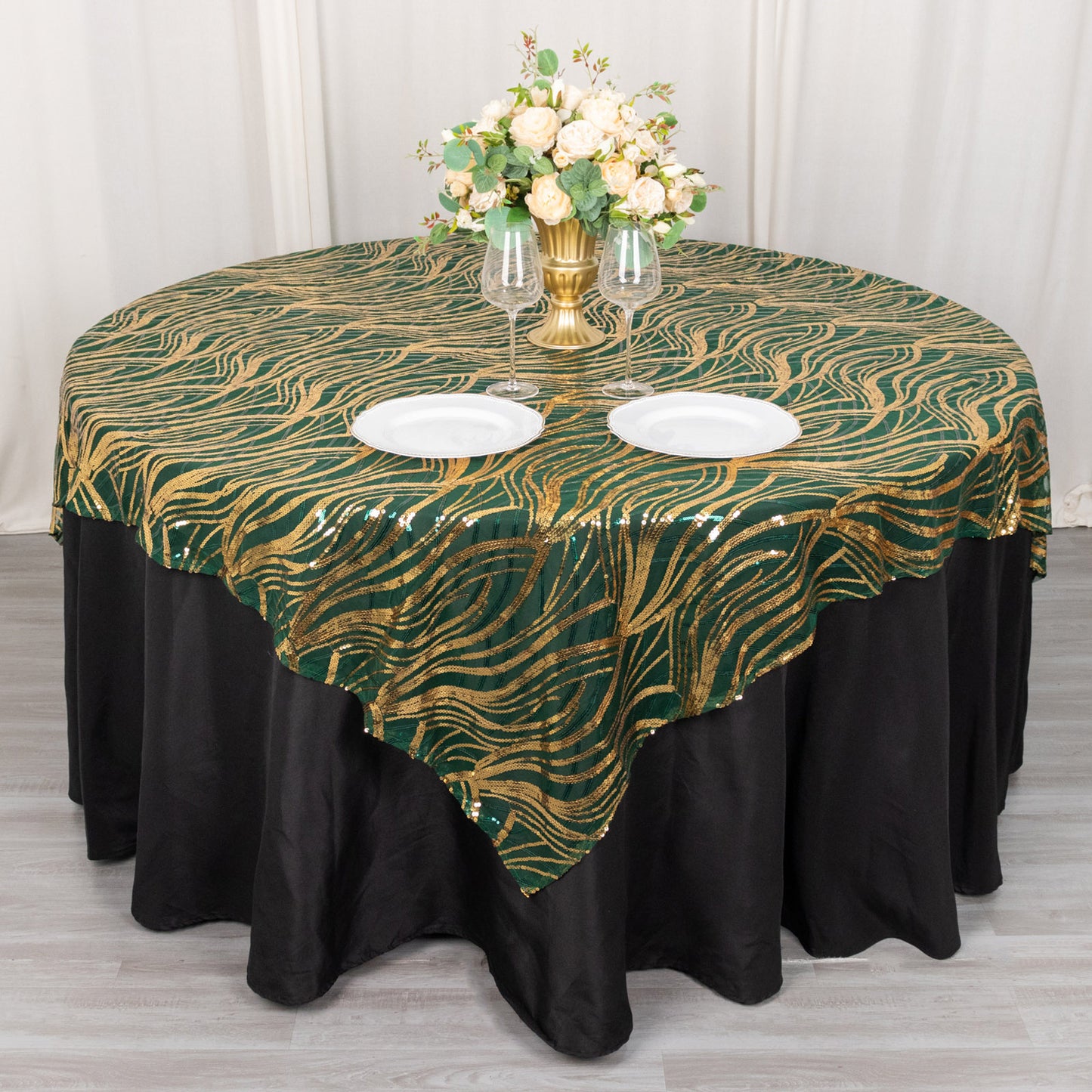 72"x72" Hunter Emerald Green Gold Wave Mesh Square Table Overlay With Embroidered Sequins