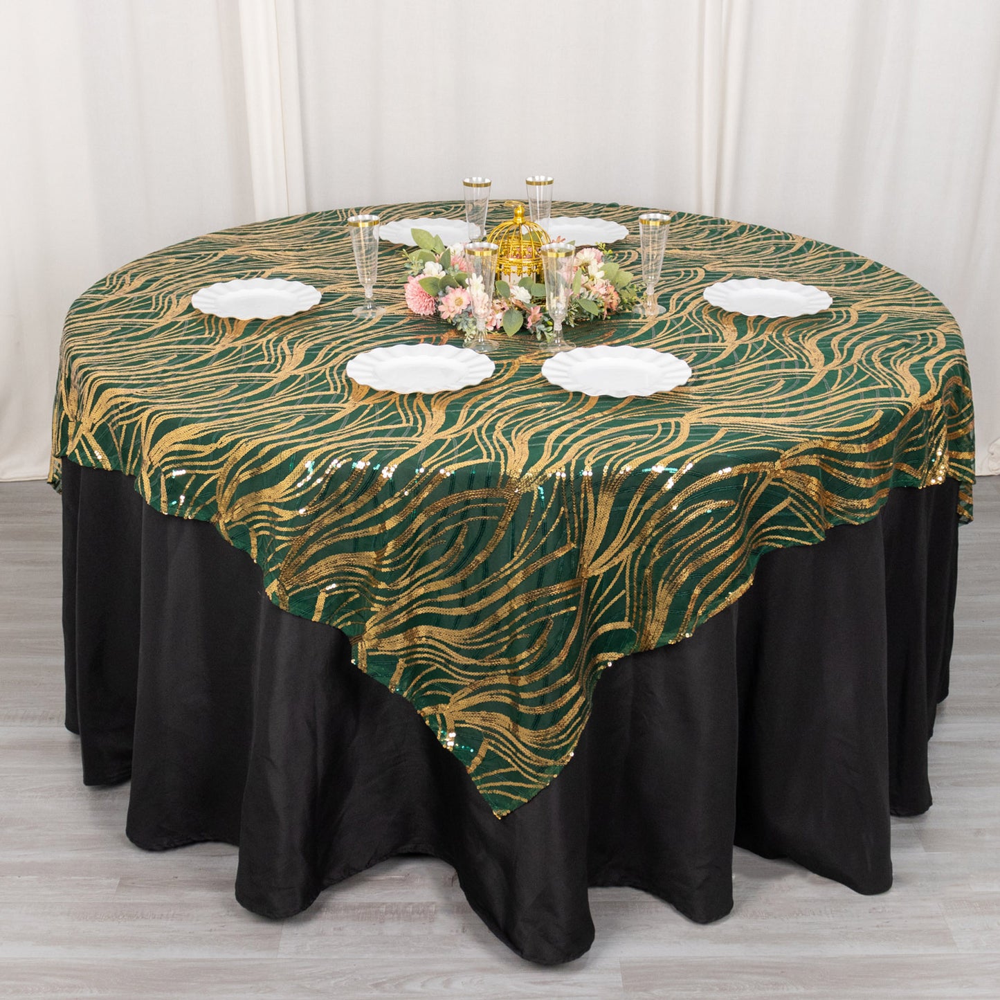72"x72" Hunter Emerald Green Gold Wave Mesh Square Table Overlay With Embroidered Sequins