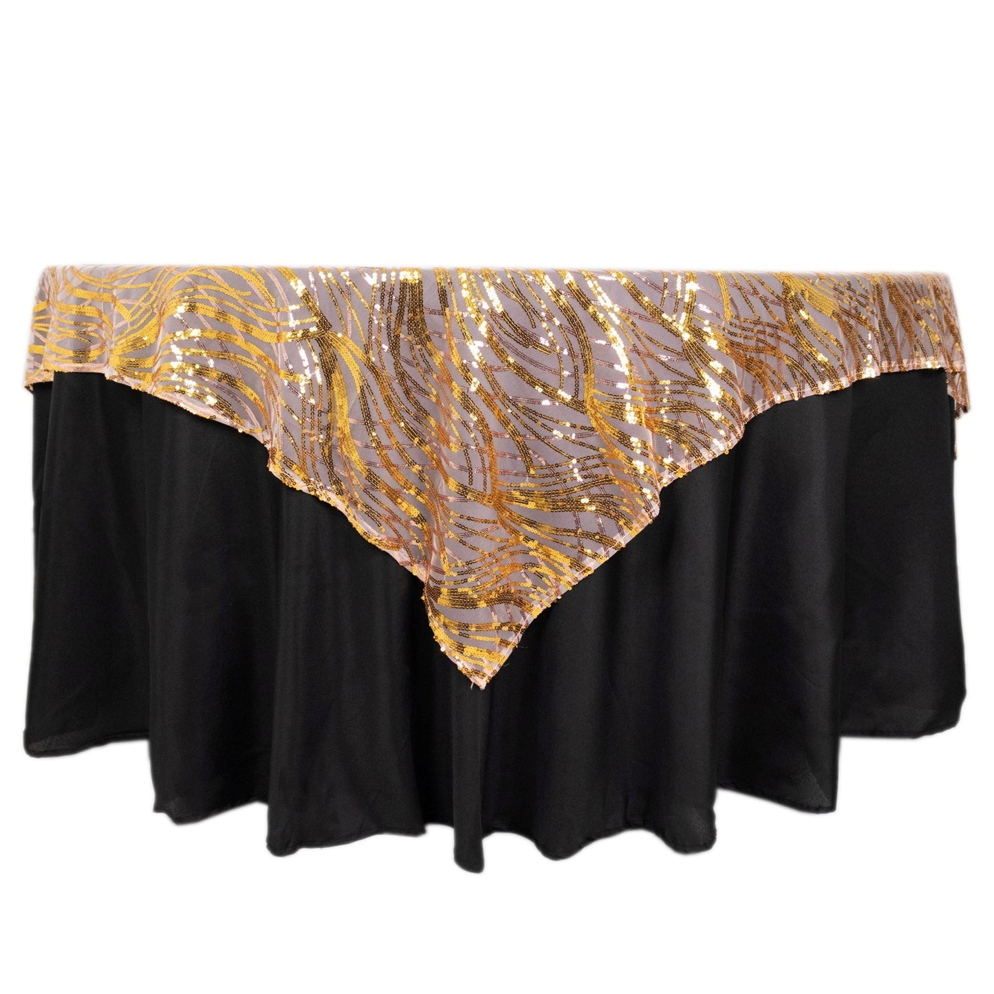 72"x72" Rose Gold Wave Mesh Square Table Overlay With Gold Embroidered Sequins
