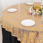 72"x72" Rose Gold Wave Mesh Square Table Overlay With Gold Embroidered Sequins