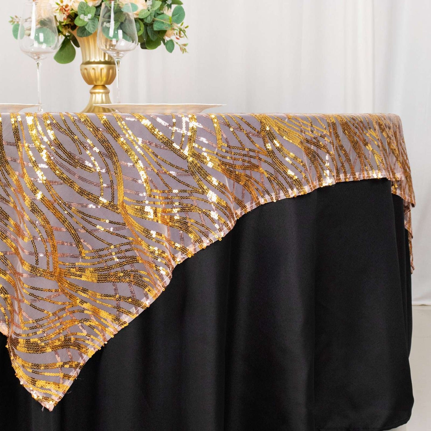 72"x72" Rose Gold Wave Mesh Square Table Overlay With Gold Embroidered Sequins