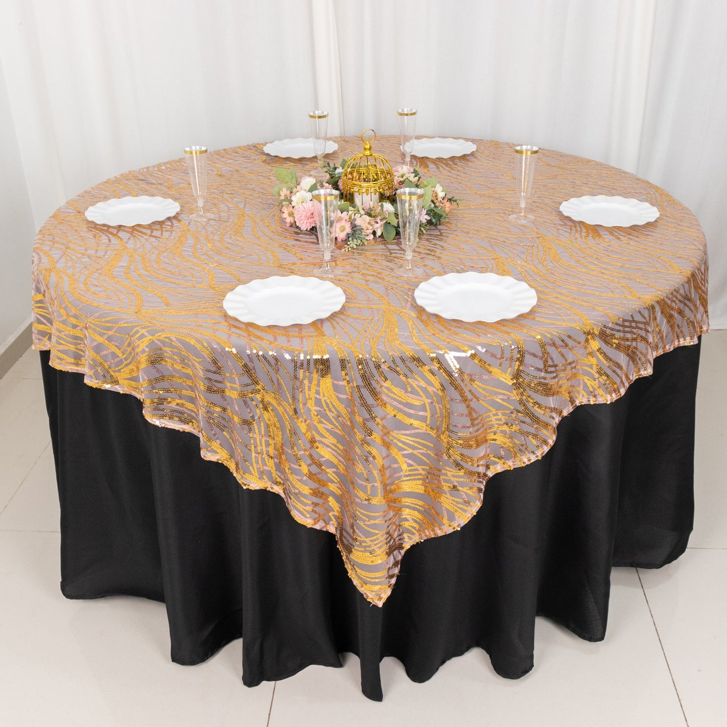 72"x72" Rose Gold Wave Mesh Square Table Overlay With Gold Embroidered Sequins