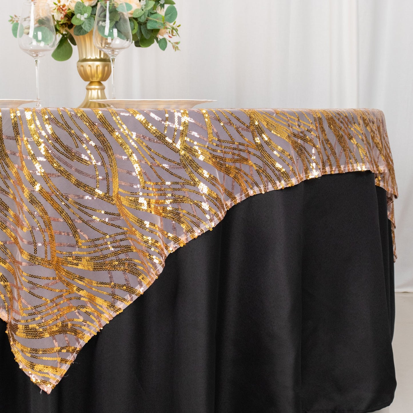 72"x72" Rose Gold Wave Mesh Square Table Overlay With Gold Embroidered Sequins