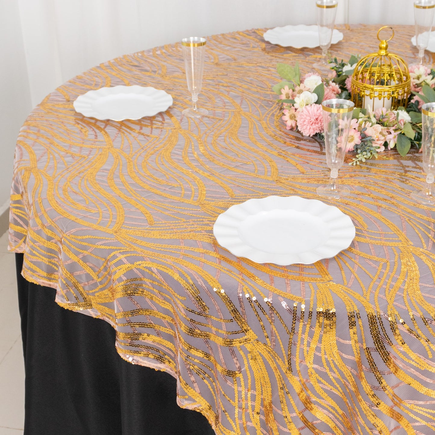 72"x72" Rose Gold Wave Mesh Square Table Overlay With Gold Embroidered Sequins