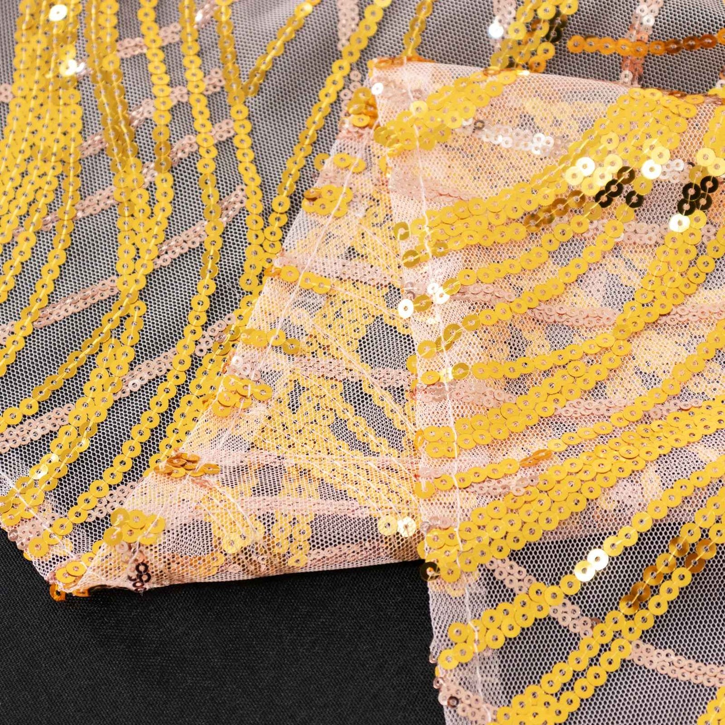 72"x72" Rose Gold Wave Mesh Square Table Overlay With Gold Embroidered Sequins