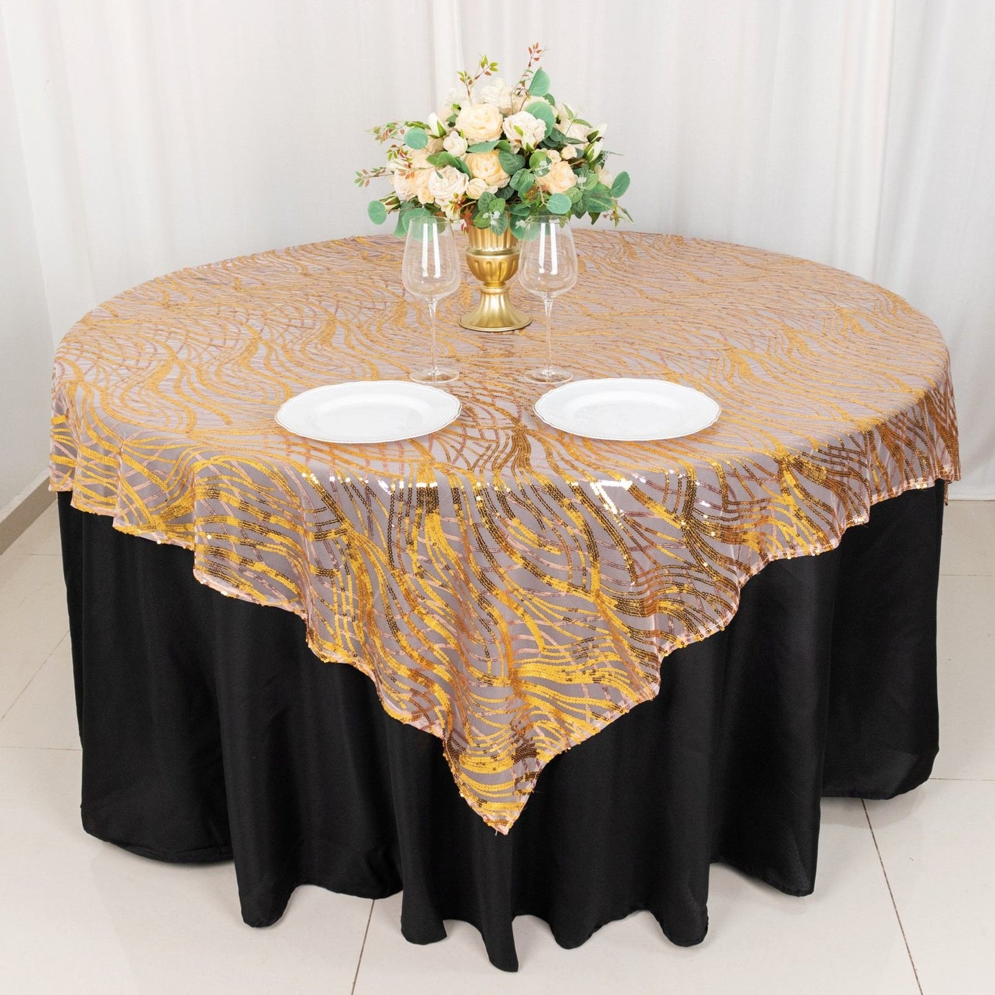 72"x72" Rose Gold Wave Mesh Square Table Overlay With Gold Embroidered Sequins