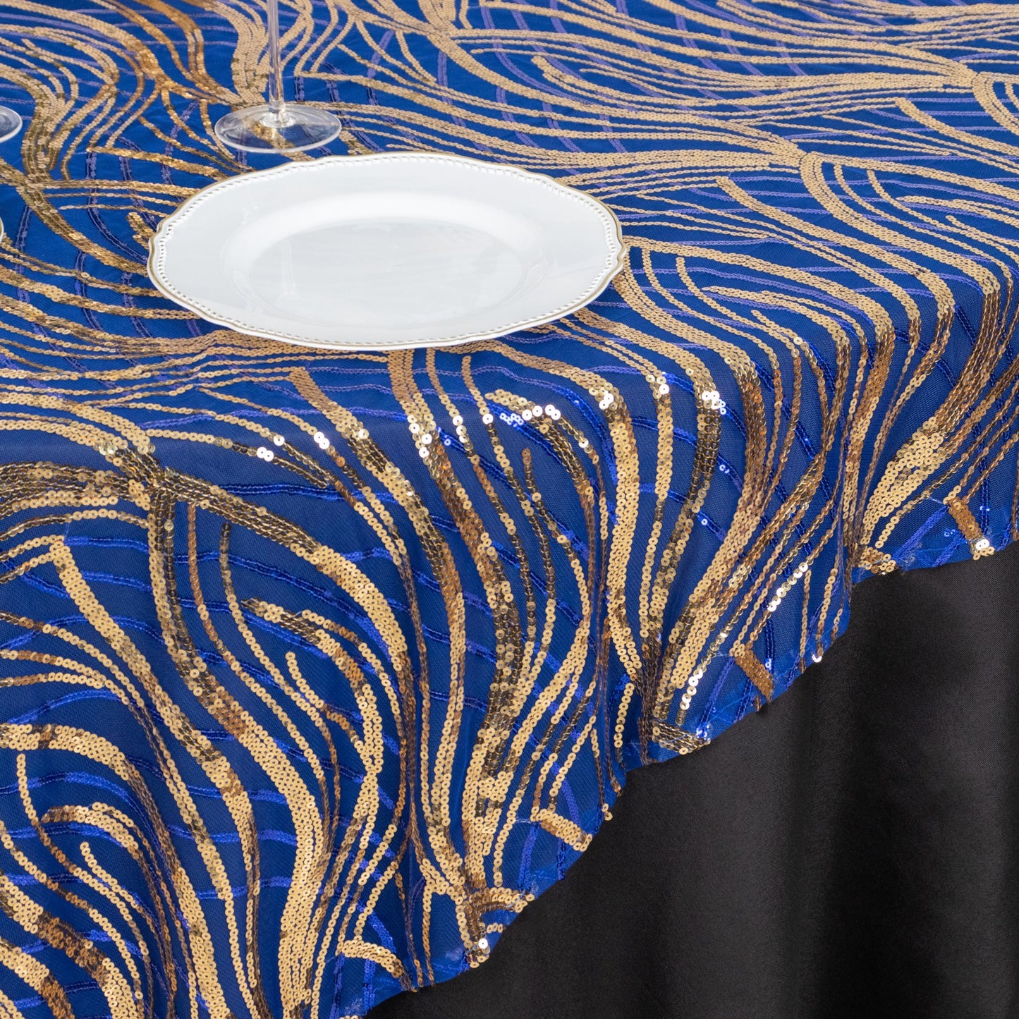 72"x72" Royal Blue Gold Wave Mesh Square Table Overlay With Embroidered Sequins