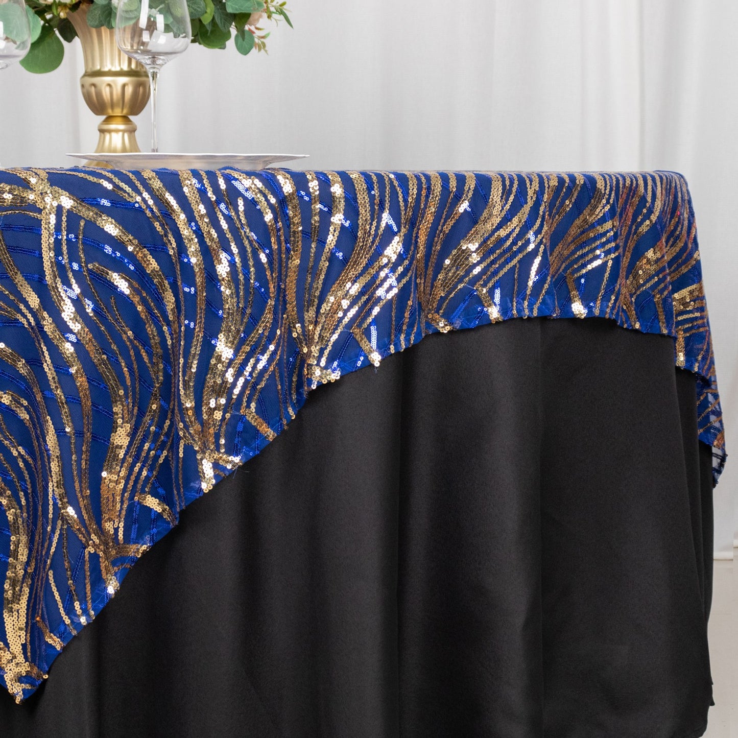 72"x72" Royal Blue Gold Wave Mesh Square Table Overlay With Embroidered Sequins