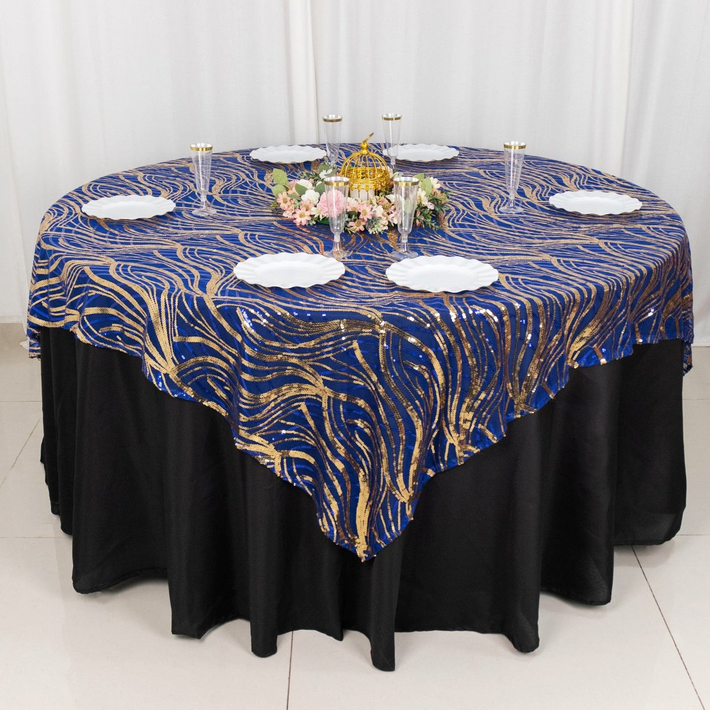 72"x72" Royal Blue Gold Wave Mesh Square Table Overlay With Embroidered Sequins