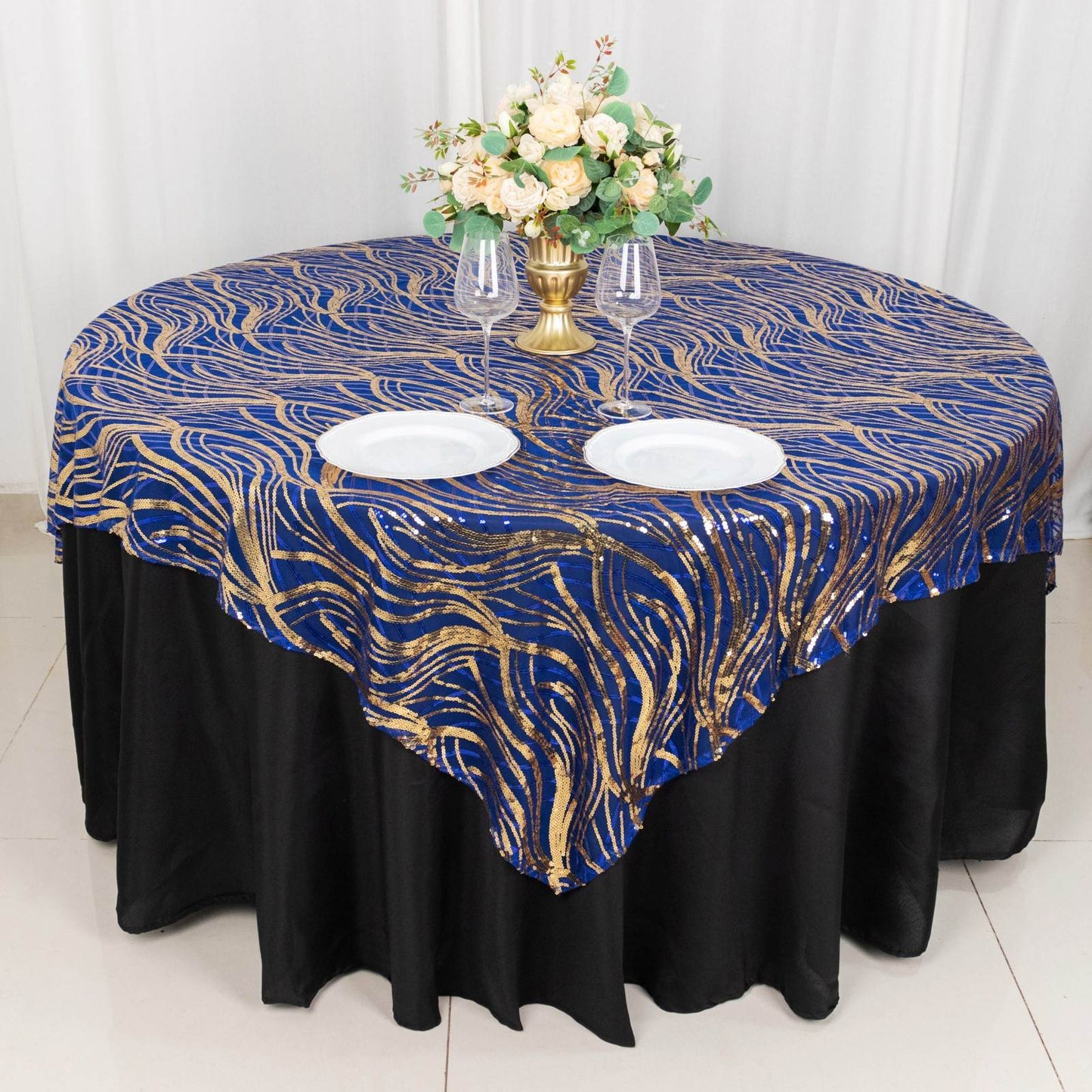 72"x72" Royal Blue Gold Wave Mesh Square Table Overlay With Embroidered Sequins