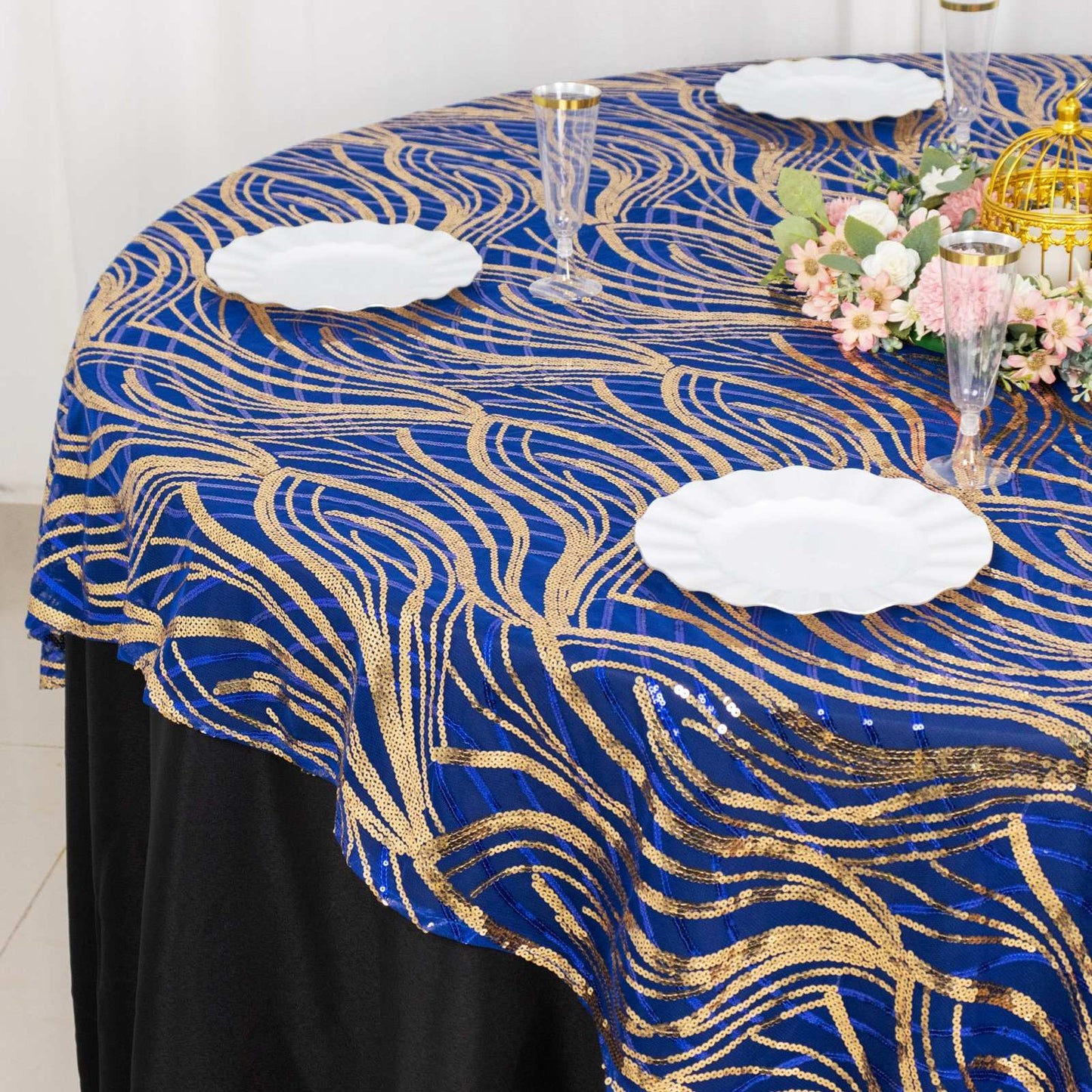 72"x72" Royal Blue Gold Wave Mesh Square Table Overlay With Embroidered Sequins