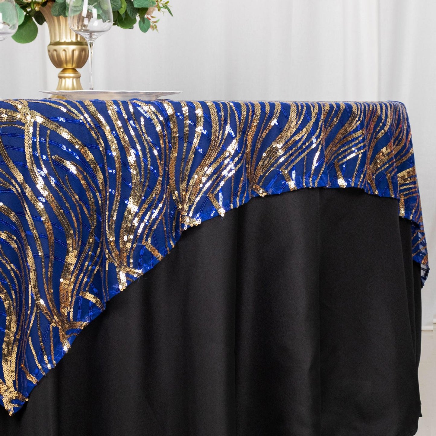 72"x72" Royal Blue Gold Wave Mesh Square Table Overlay With Embroidered Sequins