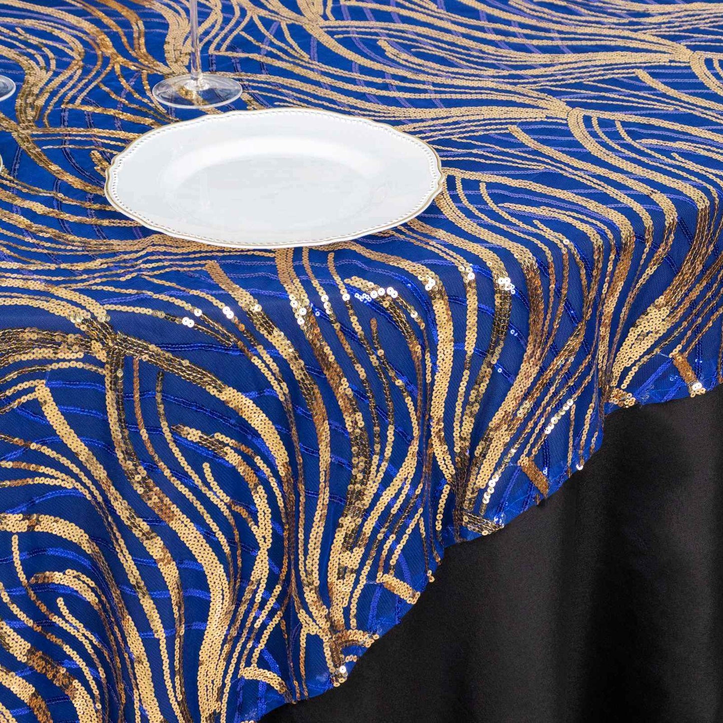 72"x72" Royal Blue Gold Wave Mesh Square Table Overlay With Embroidered Sequins