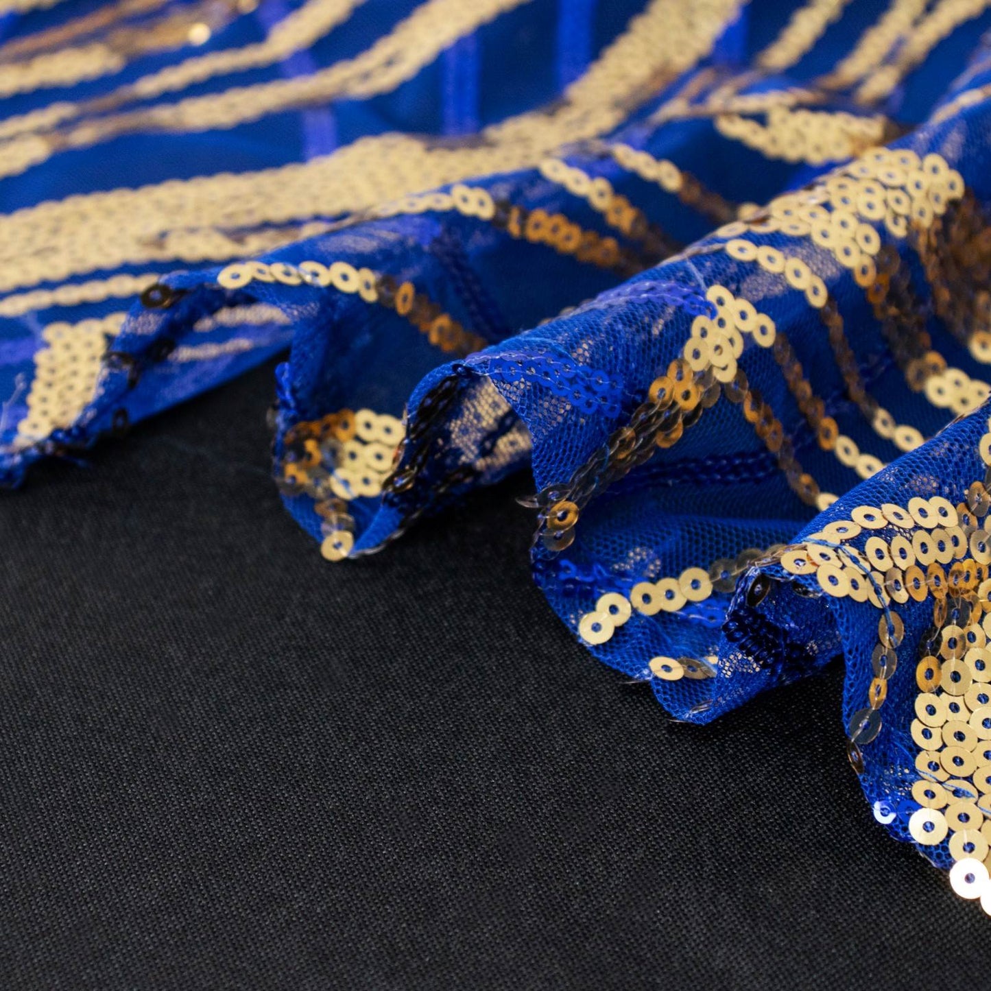 72"x72" Royal Blue Gold Wave Mesh Square Table Overlay With Embroidered Sequins