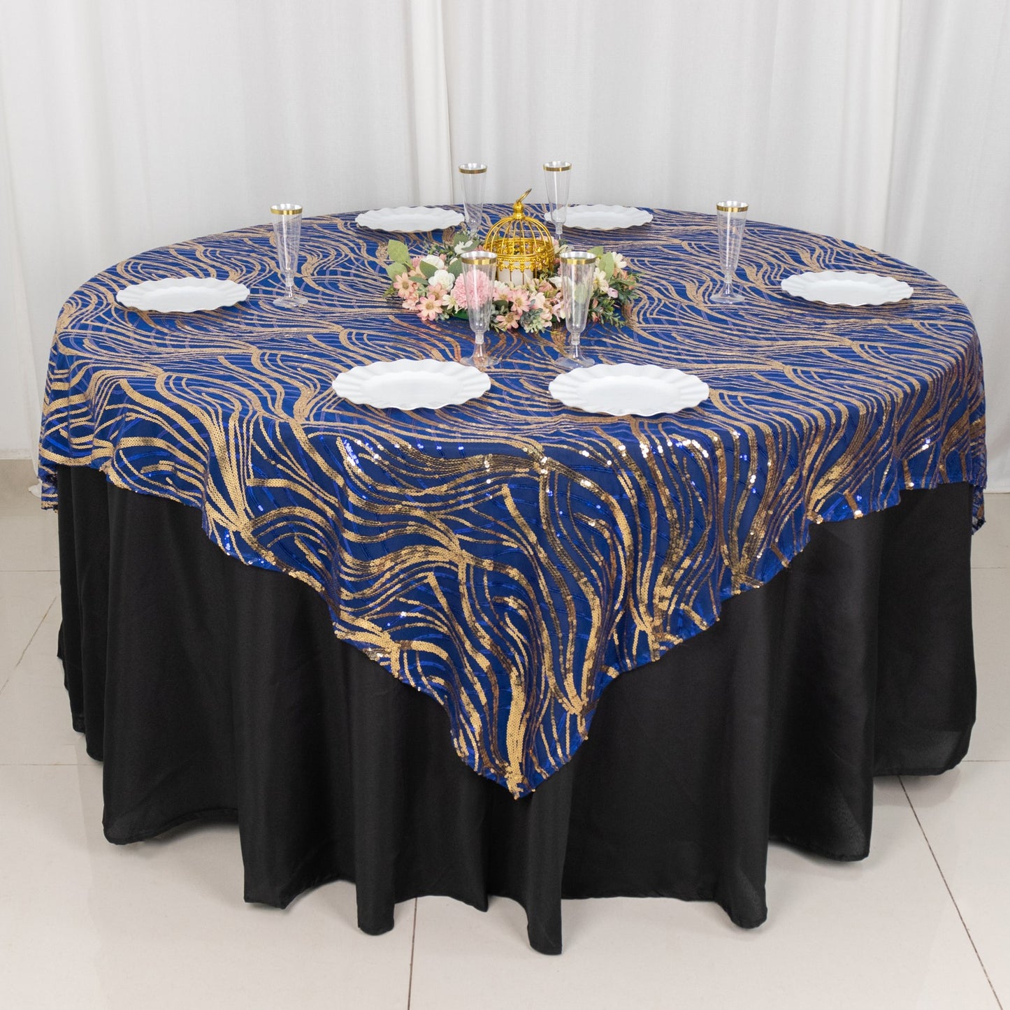 72"x72" Royal Blue Gold Wave Mesh Square Table Overlay With Embroidered Sequins
