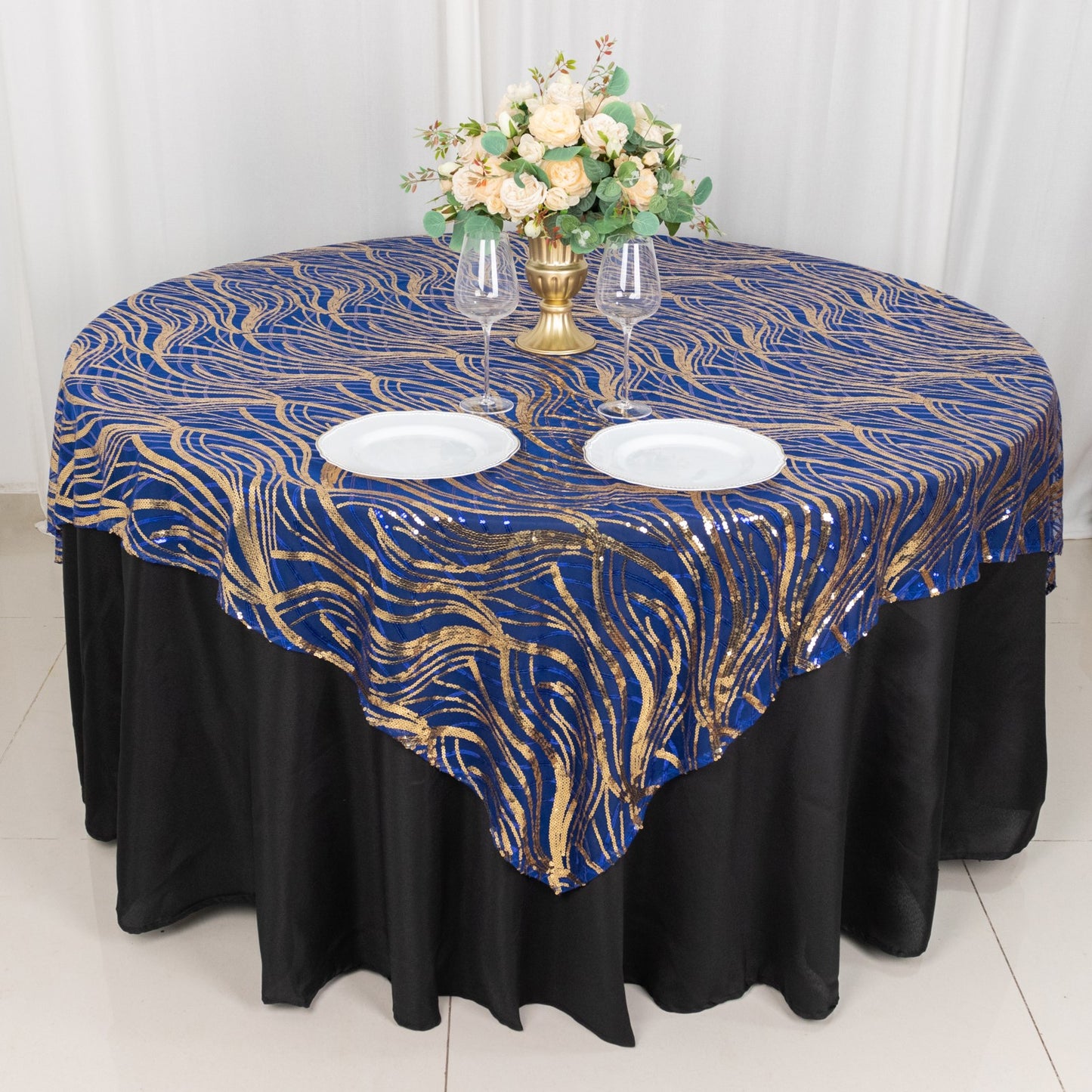 72"x72" Royal Blue Gold Wave Mesh Square Table Overlay With Embroidered Sequins
