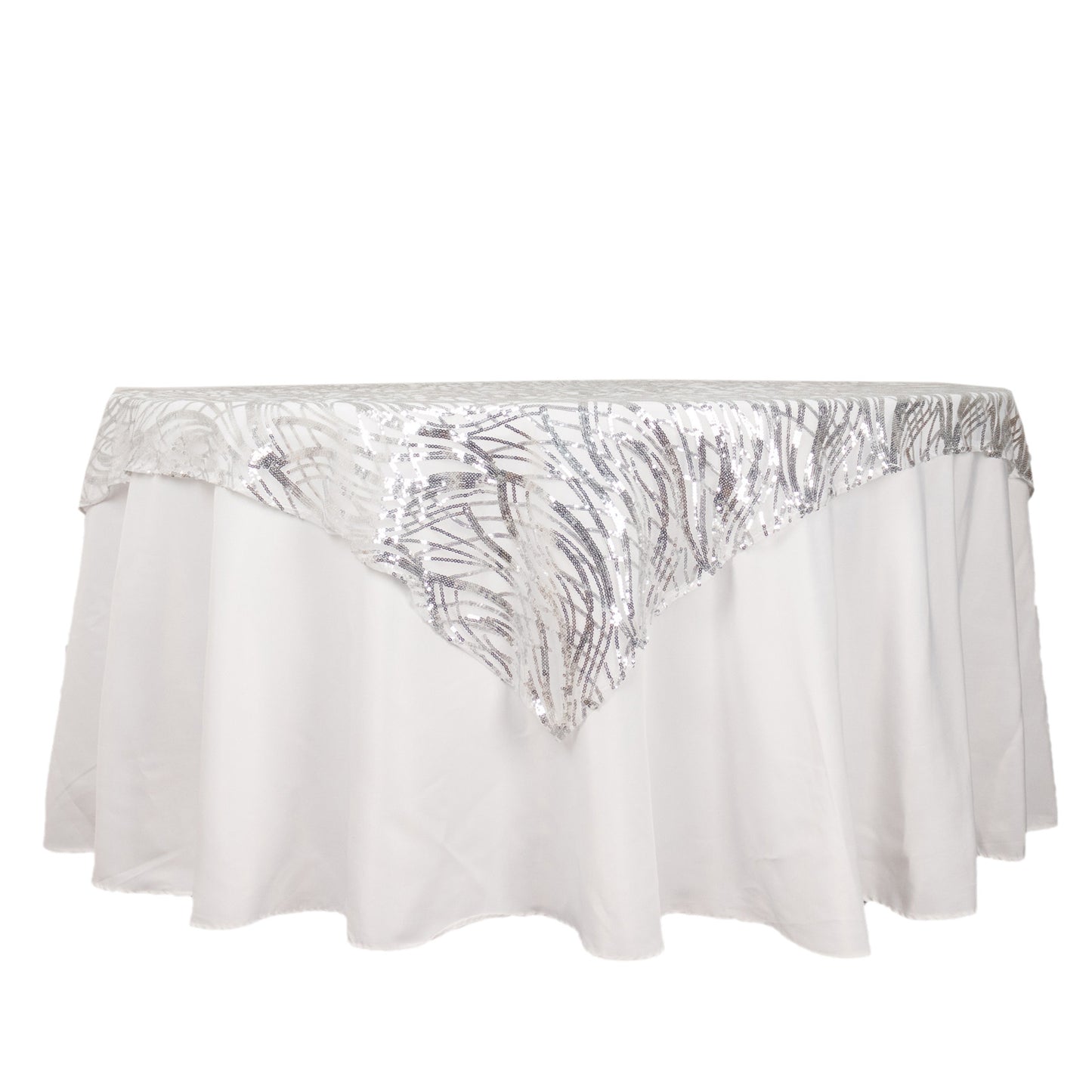 72"x72" Silver Wave Mesh Square Table Overlay With Embroidered Sequins