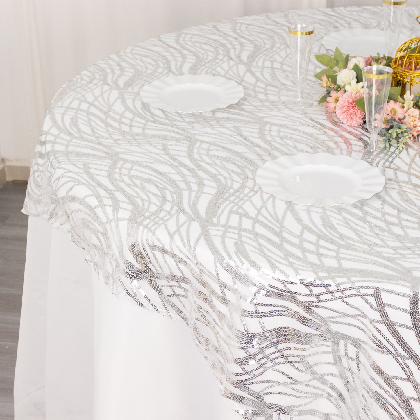 72"x72" Silver Wave Mesh Square Table Overlay With Embroidered Sequins