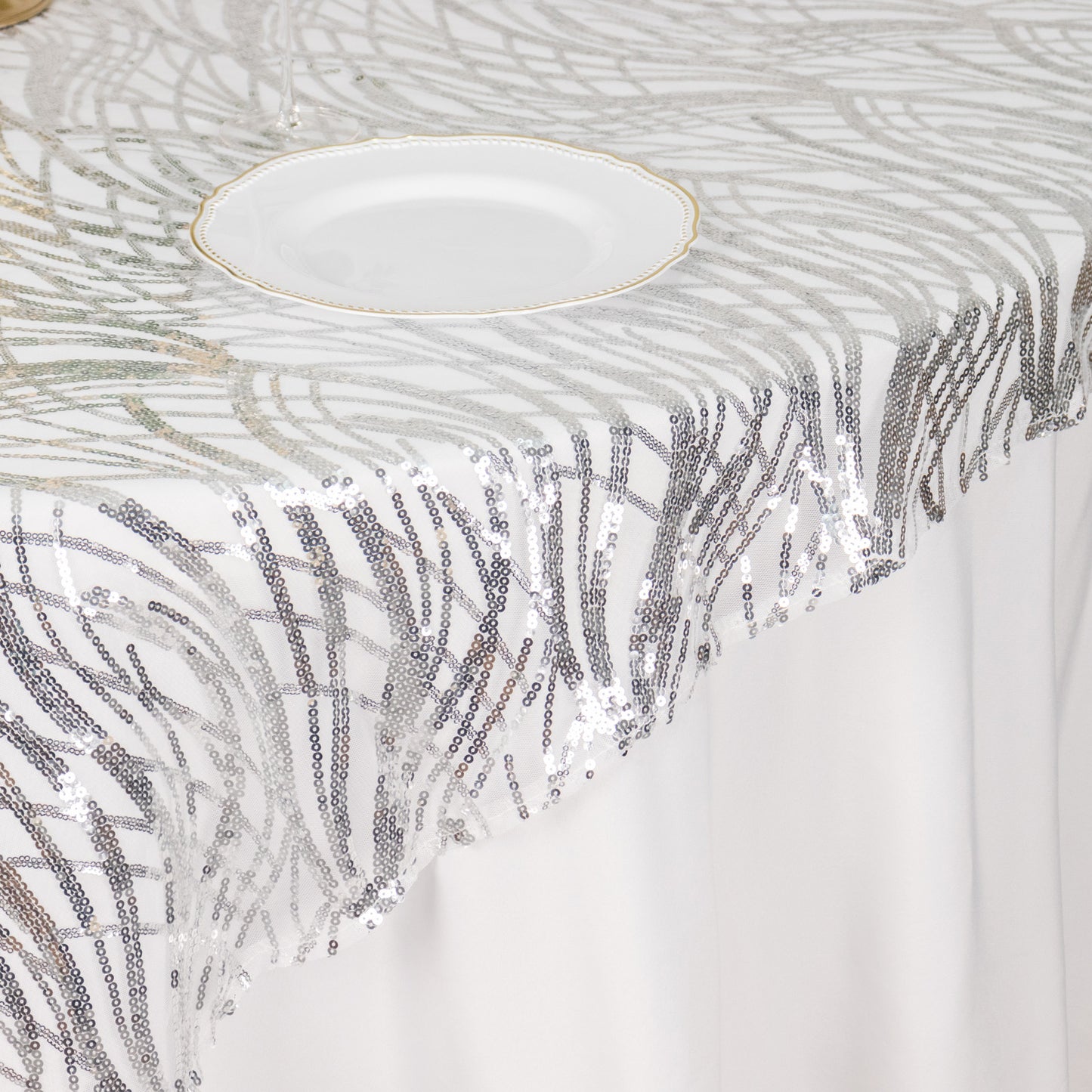 72"x72" Silver Wave Mesh Square Table Overlay With Embroidered Sequins