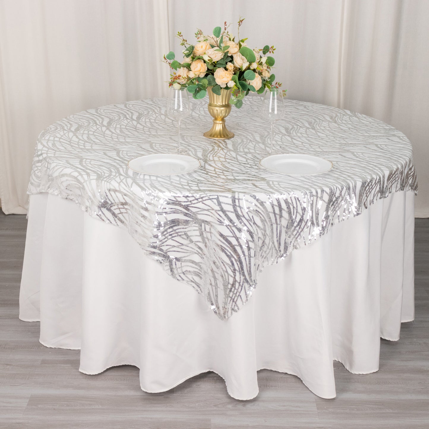 72"x72" Silver Wave Mesh Square Table Overlay With Embroidered Sequins