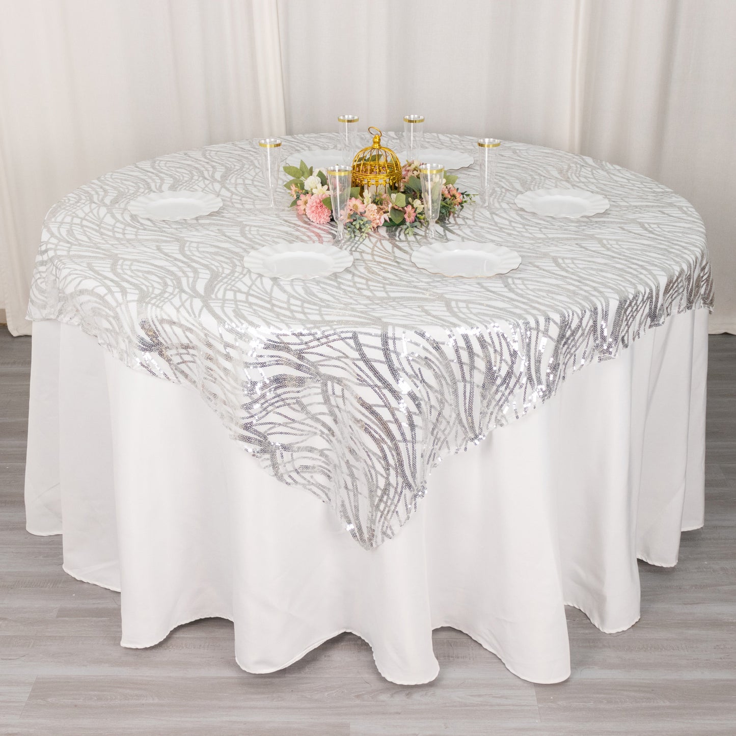 72"x72" Silver Wave Mesh Square Table Overlay With Embroidered Sequins