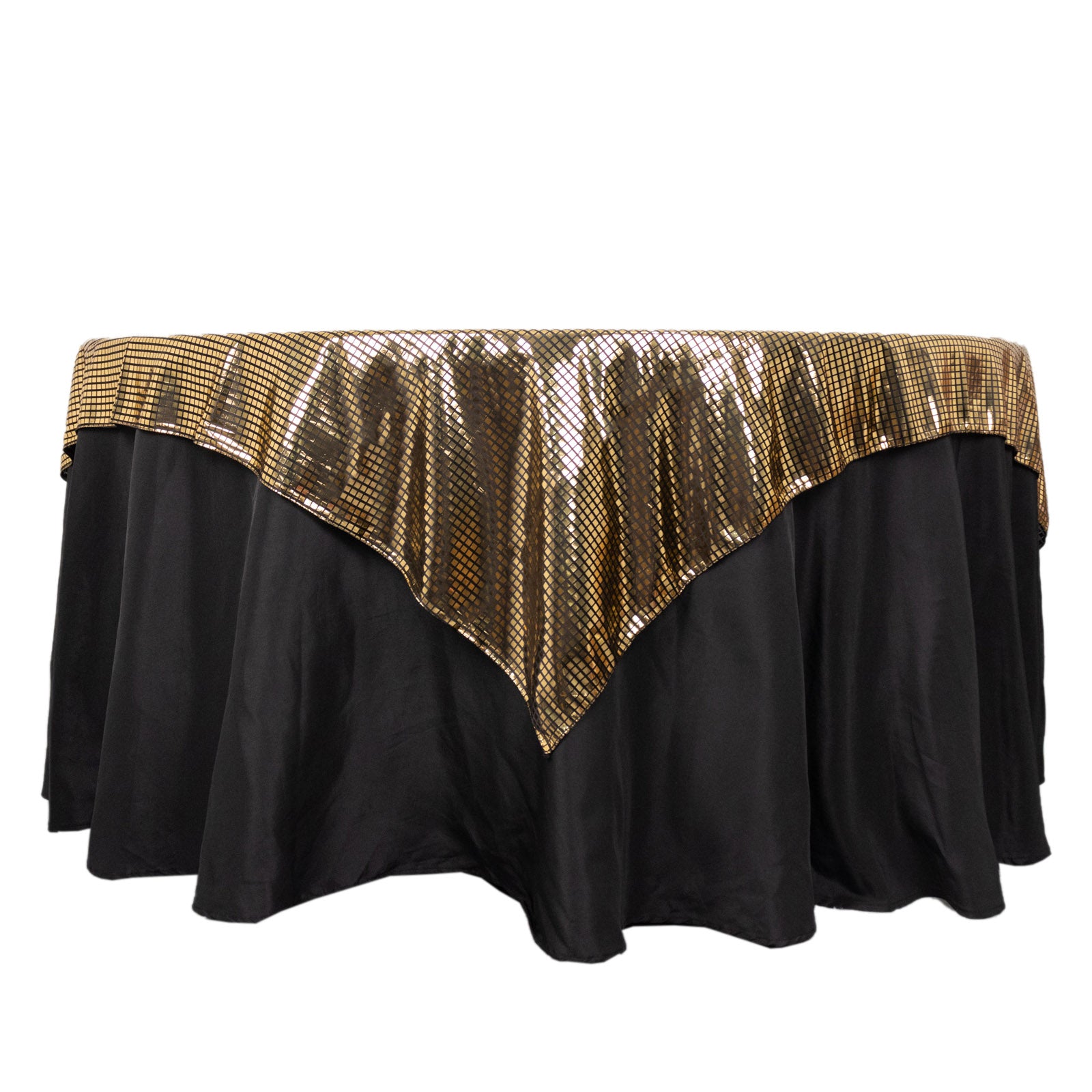 Shiny black table overlay with gold foil for disco-themed decor.