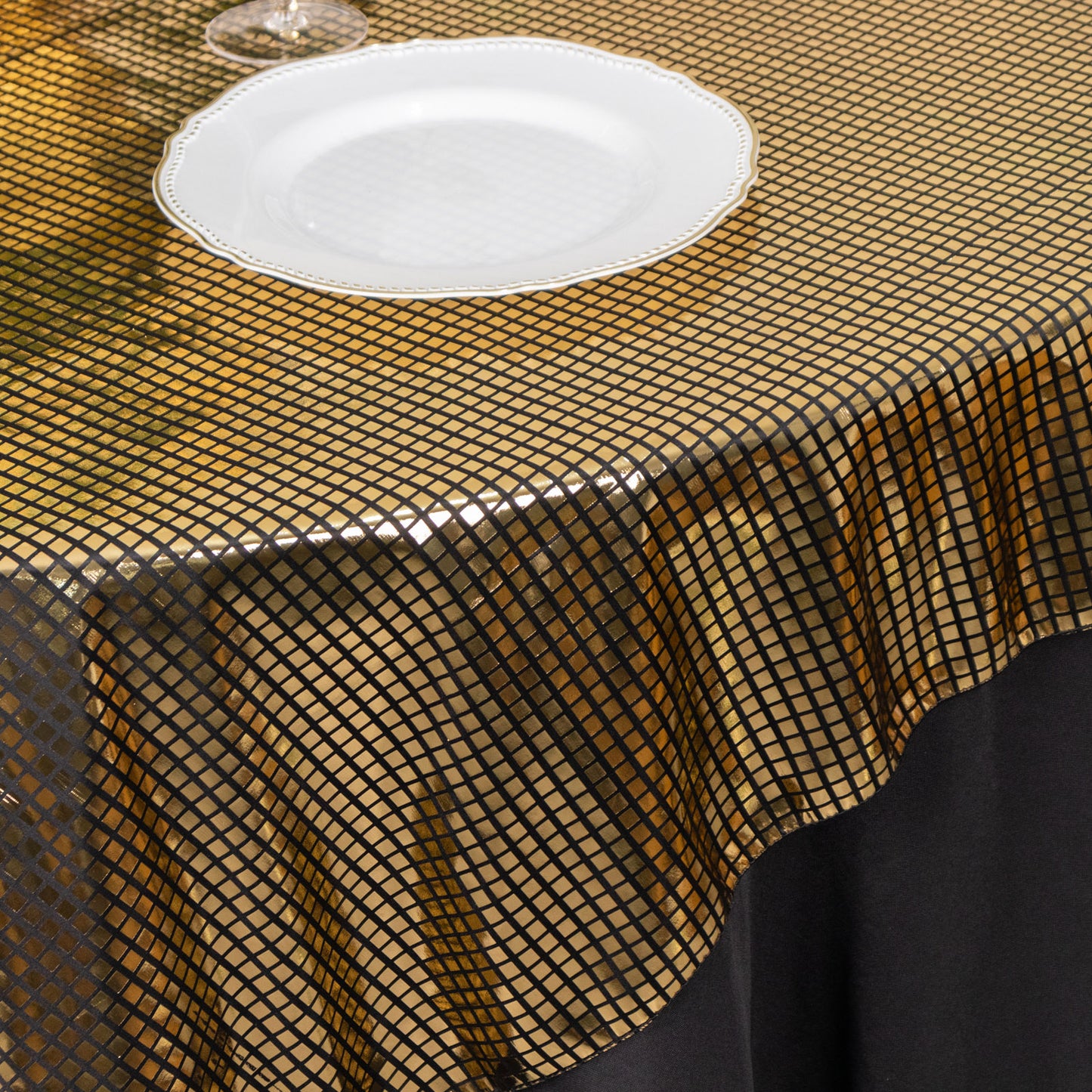 Shiny black gold foil table overlay, disco mirror ball theme, 72"x72".