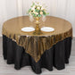Shiny black and gold foil polyester table overlay for disco theme decor.