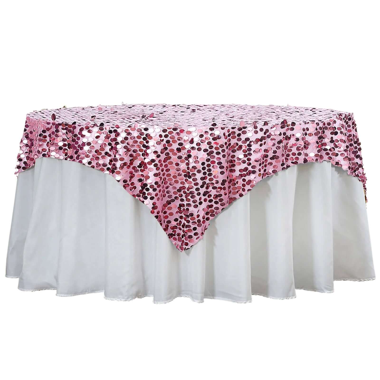 Pink Premium Big Payette Sequin Square Shape Table Overlay 72 Inch x 72 Inch