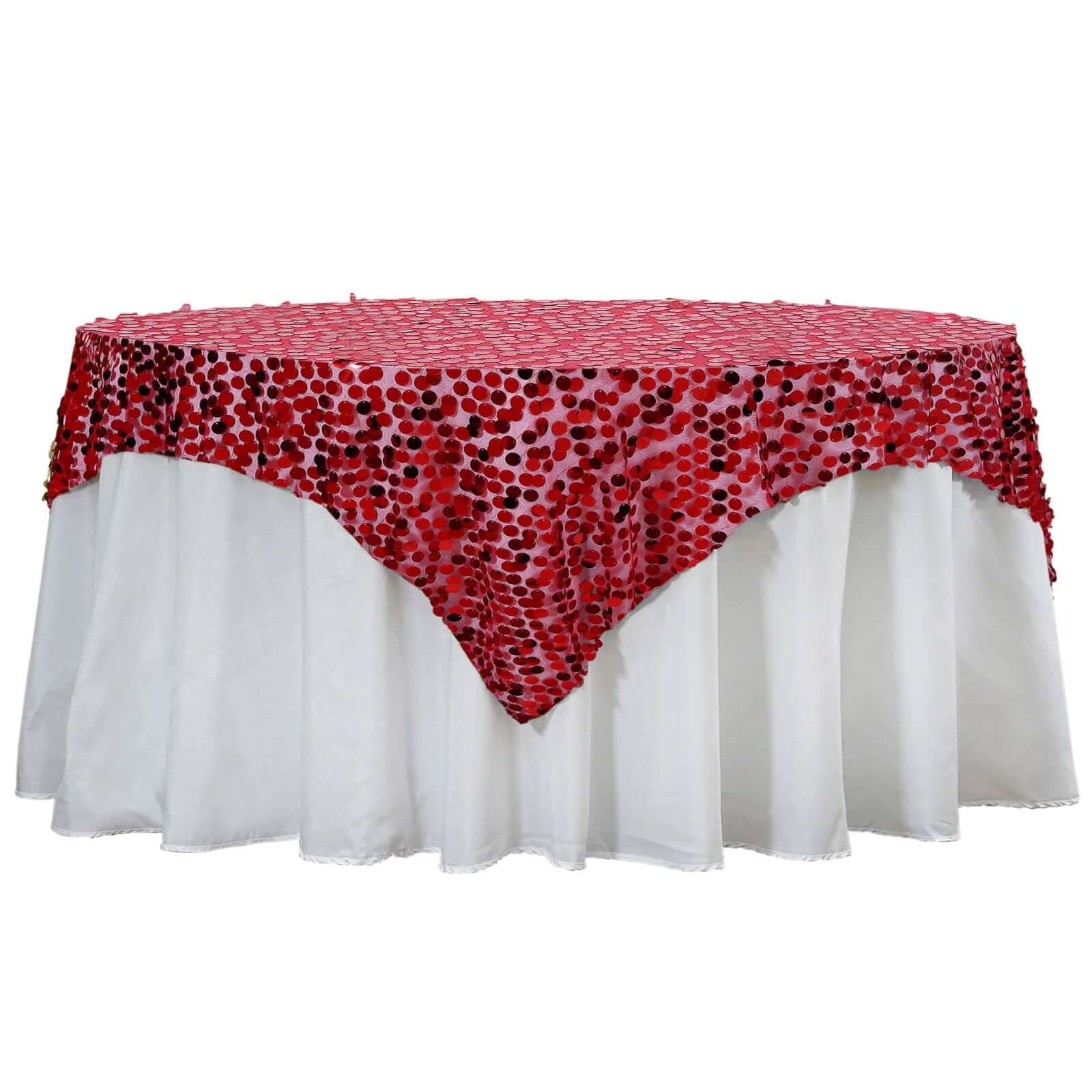 Premium Big Payette Sequin Square Table Overlay in Red 72 Inch x 72 Inch